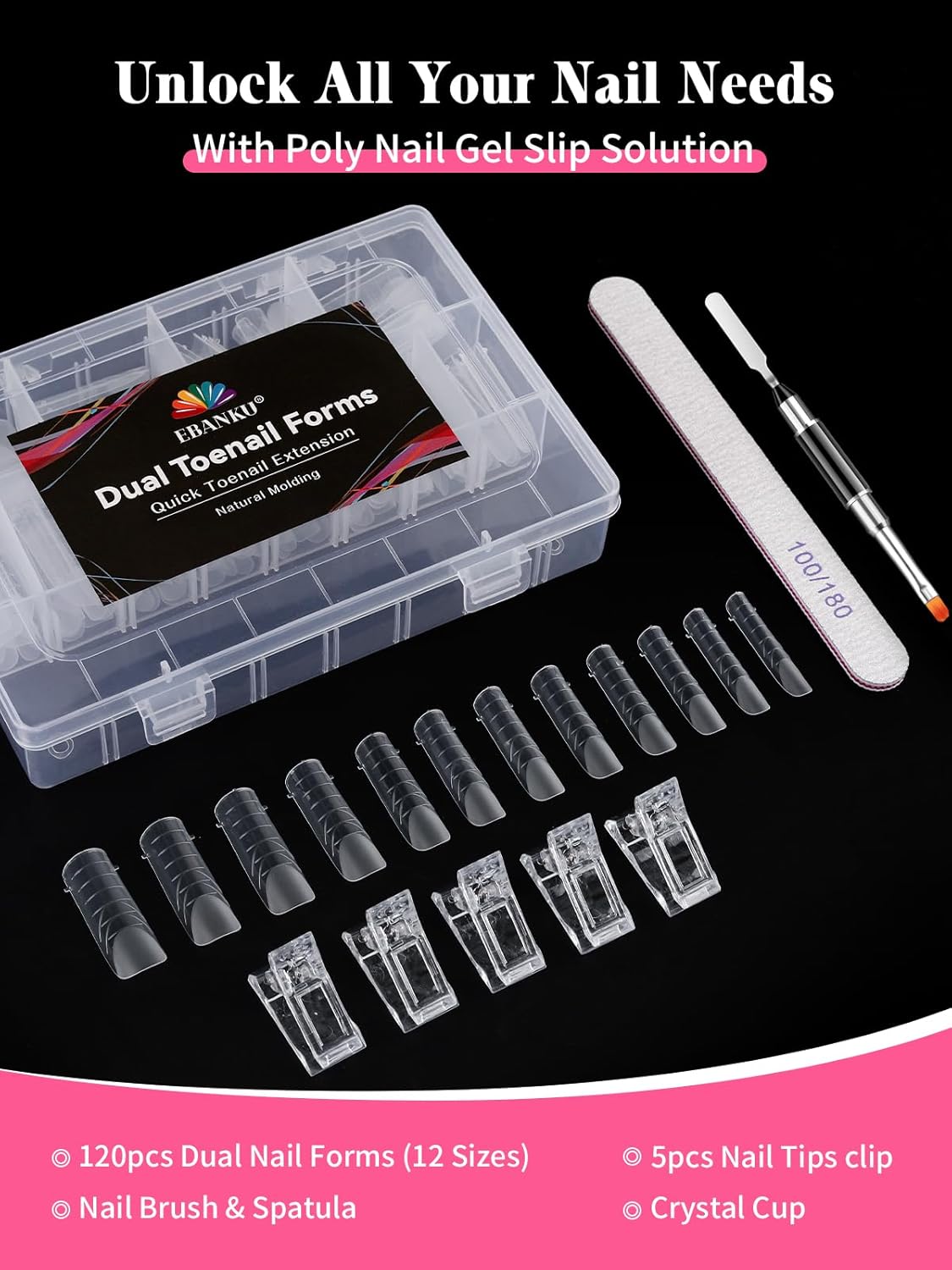 Poly Gel Toe Nail Form Set, EBANKU Reusable Toenails Dual Forms for Nail Extensions, Poly Gel Toe Nail Tips with Dual-Ended Brush and Nail File, 5PCS Clips - 12 Sizes 120PCS