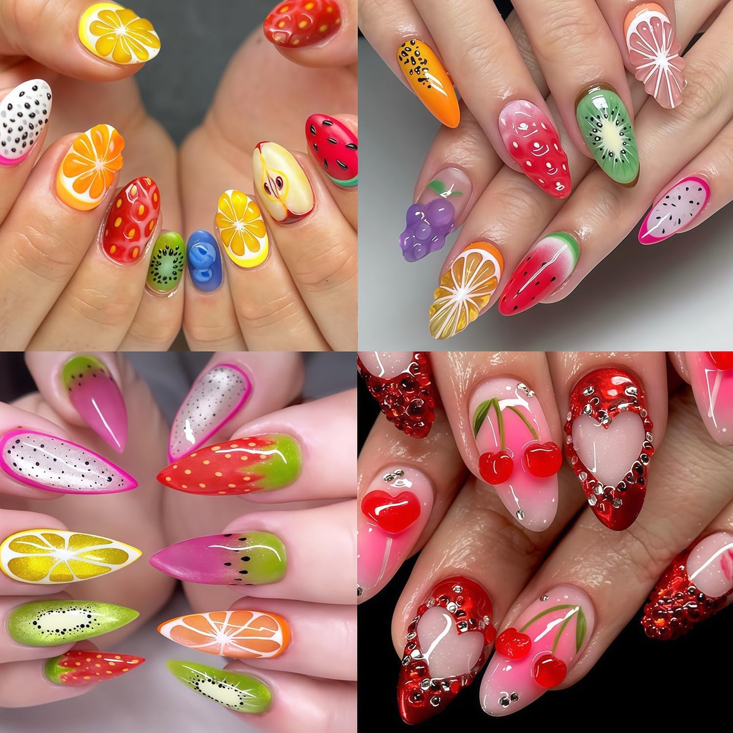 Summer Nail Art Stickers Fruits Nail Sticker 3D Self-Adhesive Shiny Lemon and Cherry Design Nail Decals DIY Salon Acrylic Nail Art Decoration Accessories for Women Vacation Nails