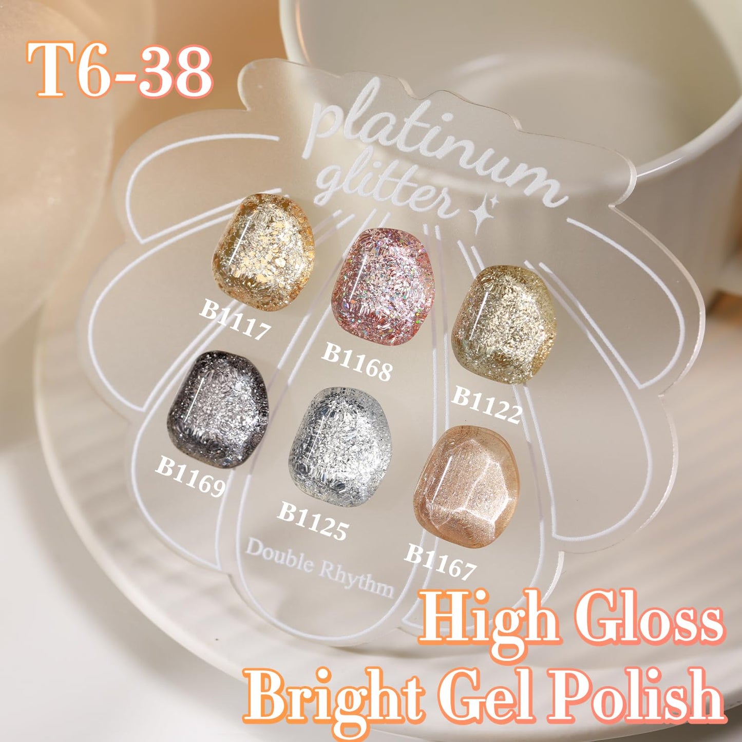 Double Rhythm 0.5 Oz Glitter Gel Polish Set of 6 Color with Display Borad 15 ml Full Size Kit Shimmer Reflective Sparkle Soak Off Manicure Salon DIY at Home (Rose Gold Silver Black Bright-T6-38)