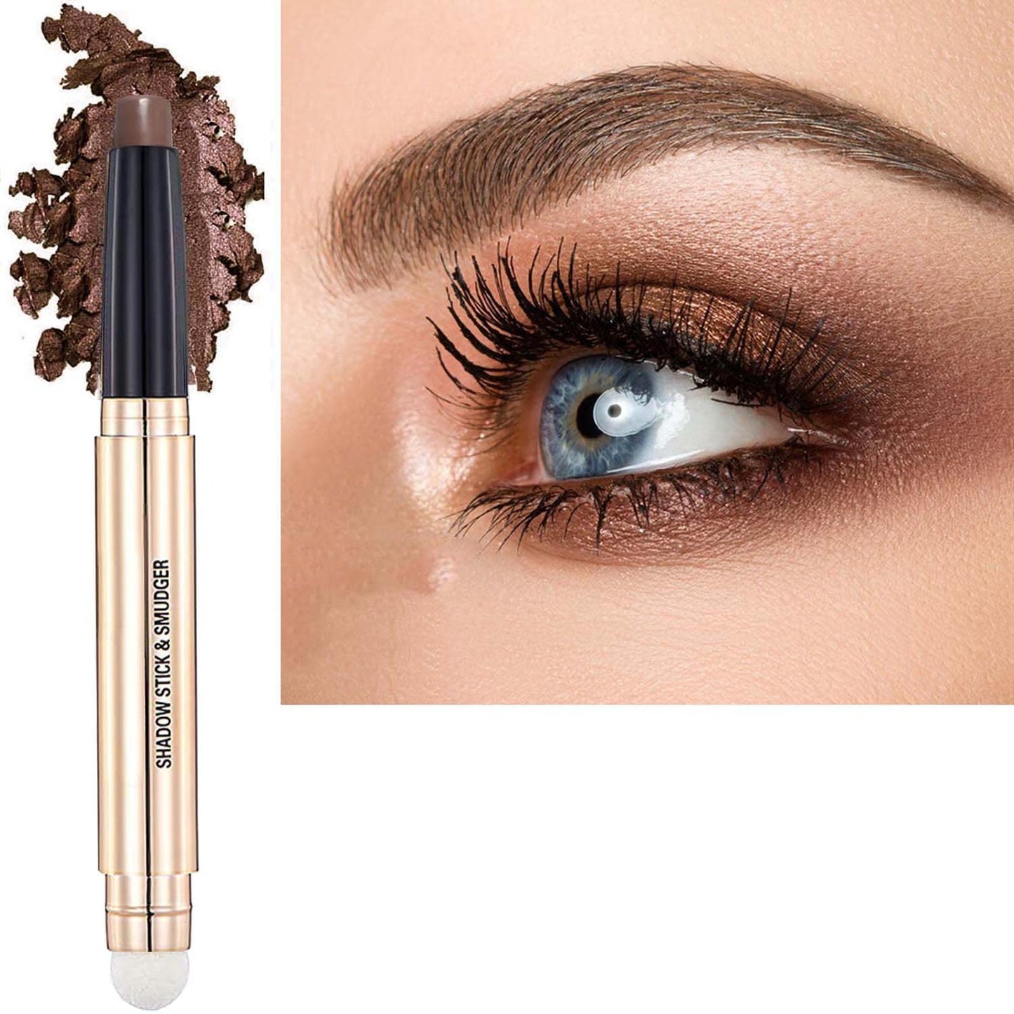 Matte Brown Eyeshadow Stick And Sponge Makeup Brush, Smooth Cream Shimmer Shadow Pencil Long Lasting Waterproof Eye Shadow Highlighter, Hypoallergenic Highlighter Multi-Dimensional Eyes Look #17