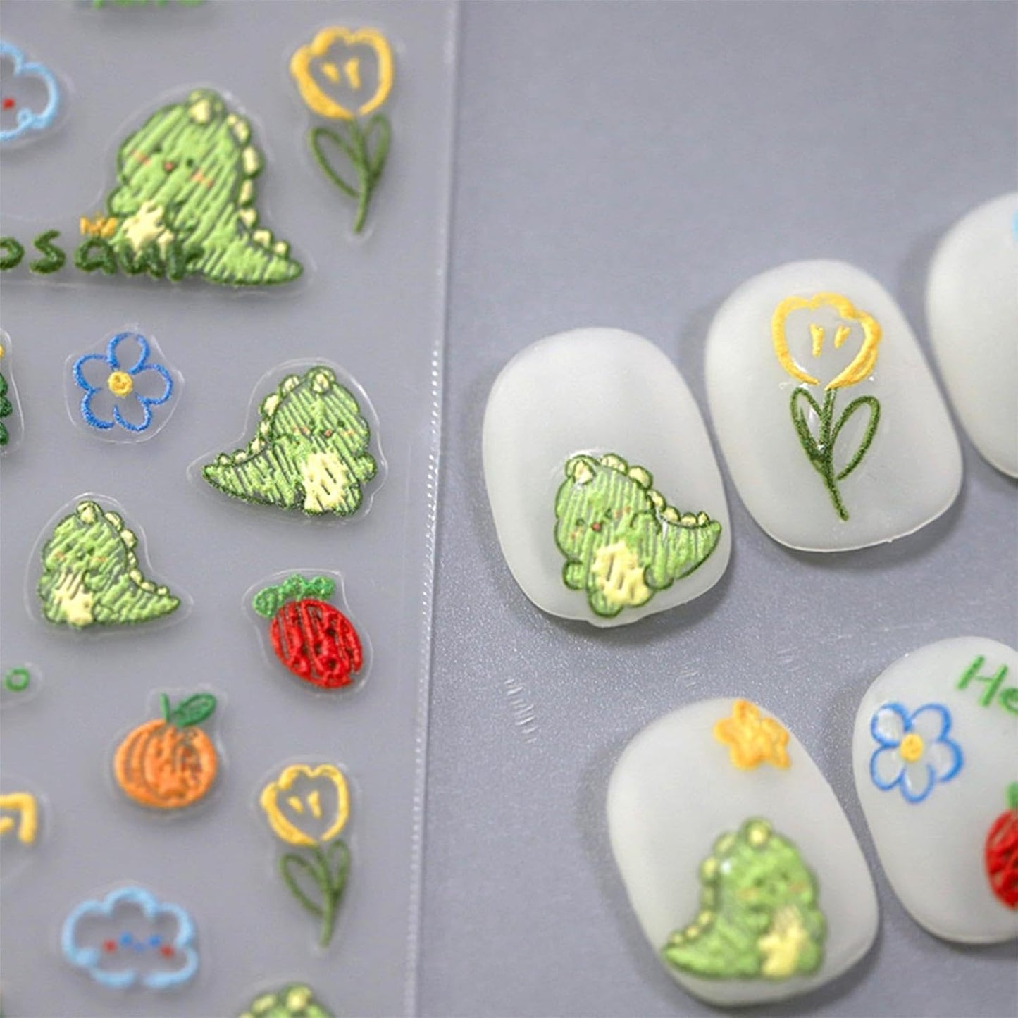 Dedyel Cute Nail Stickers 5D Embossed Cartoon Dinosaur Kawaii Animal Self-Adhesive Nail Decals for Women Girls Kids Nail Art Decoration