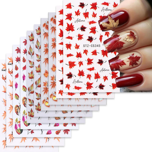 10 Sheets Fall Nail Art Stickers Decals Thanksgiving Nails Decals Autumn Maple Leaf Nails Stickers Self-Adhesive Maple Leaves Nail Art Decals for Women