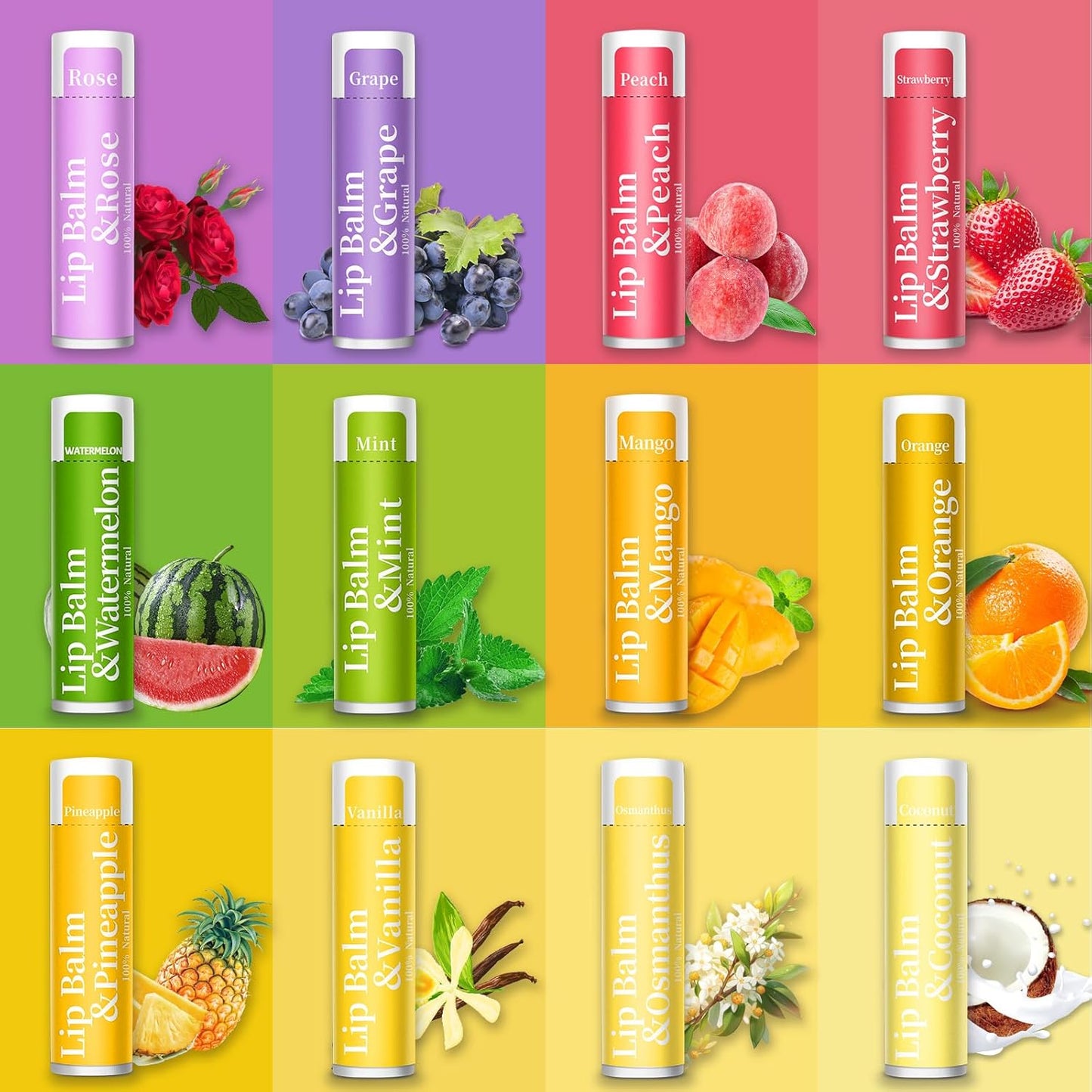 126 Pcs Lip Balm Bulk, 12 Flavored Pack of Lip Balms Pack Natural Moisturising Organic Lip Balm Set for Cracked Lips, Bulk Gifts Stocking Stuffers Party Favors(4.2g/0.15oz)