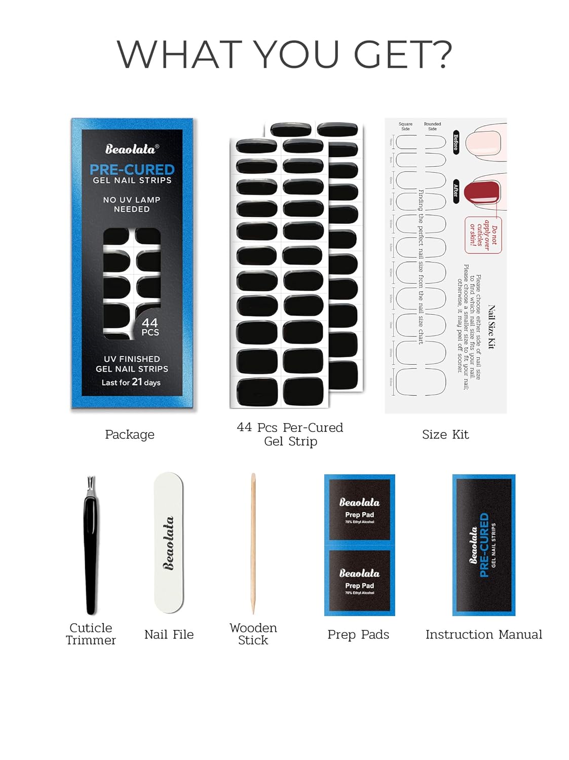 Pre Cured Gel Nail Strips - 44PCS Salon Quality Gel Nail Stickers - Long Lasting Polish Wraps for Women no UV Light Needed Easy Apply& Remove (Obsidian Black)