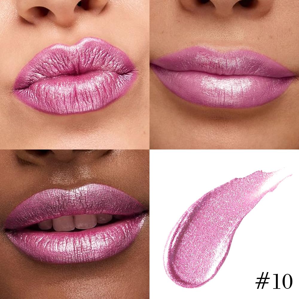 evpct Light Rose Pink Metallic Glitter Lip Liner and Lipstick Combo Lip Gloss Stain Set Makeup for Women Long Lasting Waterproof 24, Pink Metallic Shimmer Frosted Iridescent Shiny Liquid Lipstick 10