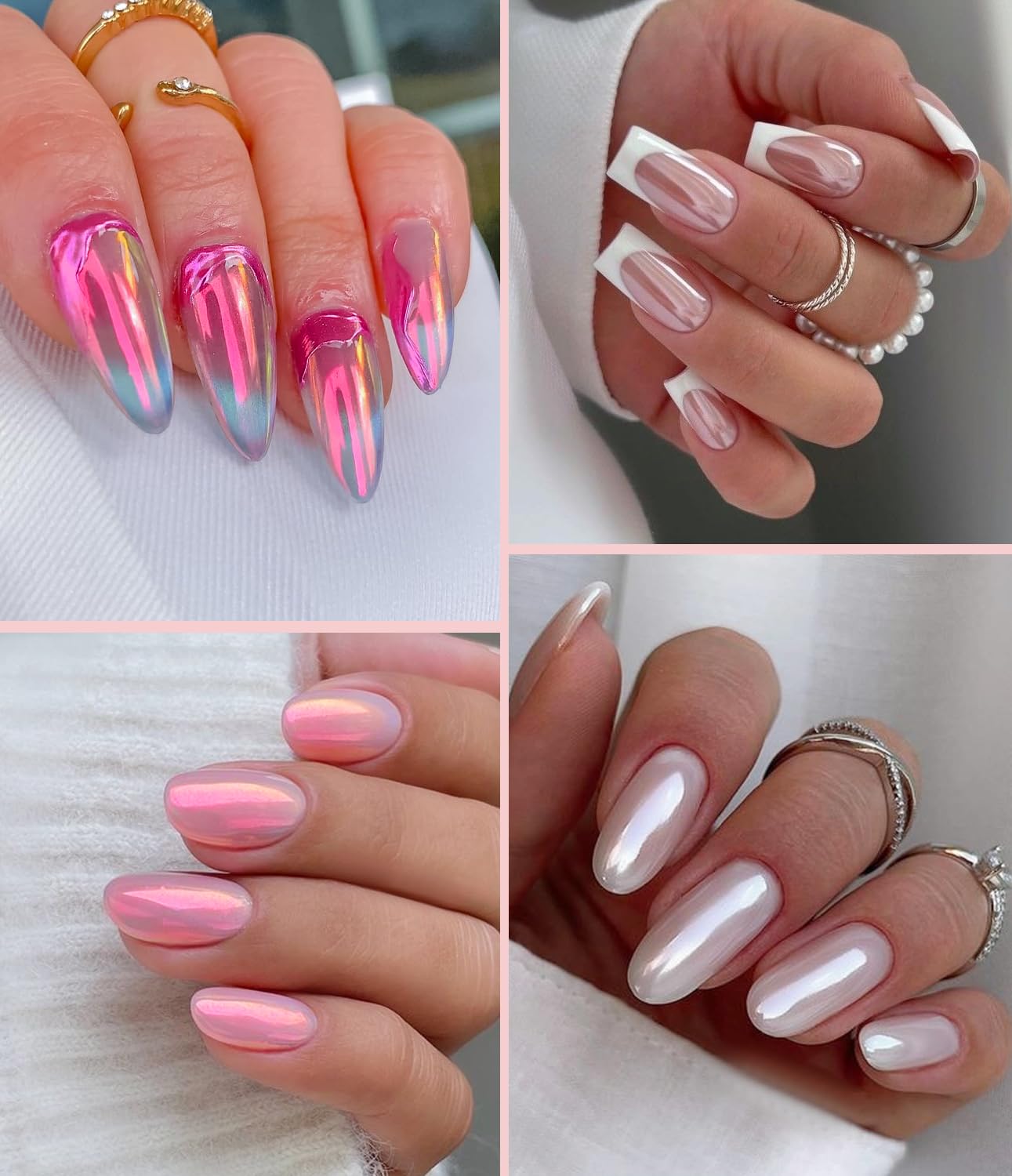 Pearl Chrome Nail Powder BISHENGYF -【Fairy Effect】 Pink Chrome Nail Powder White Pearlesent Aurora Mermaid Iridescent Nail Chrome Powder, Metallic Mirror Glitter Pigment Dust for Nail Art DIY 2PCS