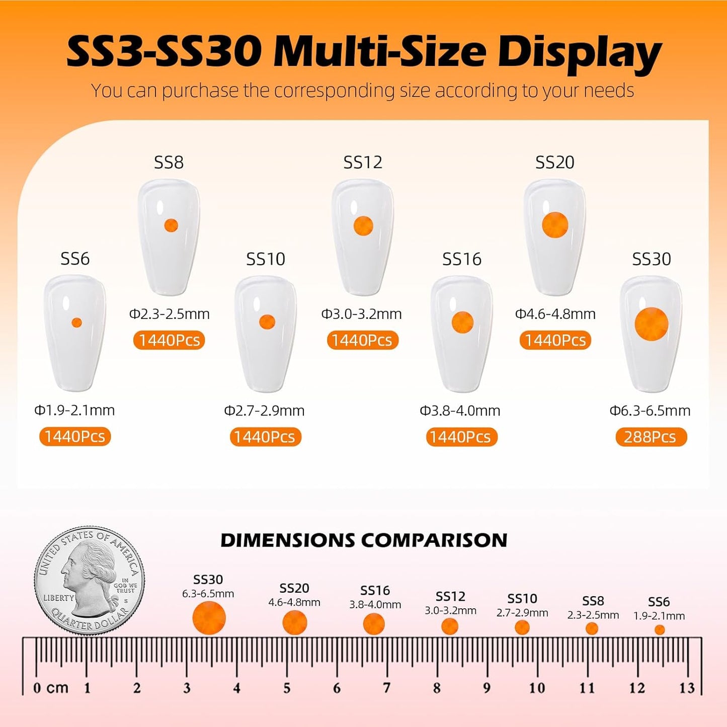 Neon Orange Flatback Rhinestones, Glass Rhinestones for Nail Art and Craft, Glue Fix, Loose Crystal Gemstones(Neon Orange, SS10, 1440pcs, 2.7-2.8mm)