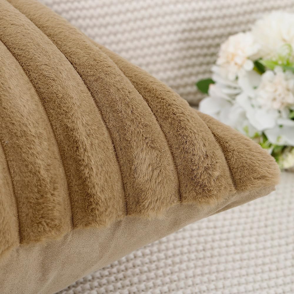 MADIZZ Set of 2 Faux Wool Plush Decorative Throw Pillow Covers 20x20 Inch Camel Fluffy Striped Soft Decorative Cushion Cover for Sofa Bedroom Pillow Shell