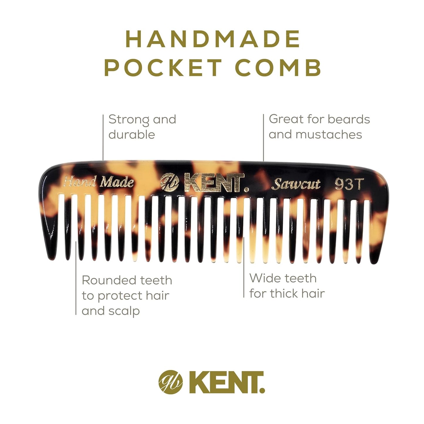 Kent 93T Tokyo Yellow Beard Comb for Men - Wide Tooth Men's Comb, Ideal For Mustaches and Beards and Facial Hair, Small Pocket Sized Travel Detangler Combs, Saw-Cut, Hand Polished, Made in England