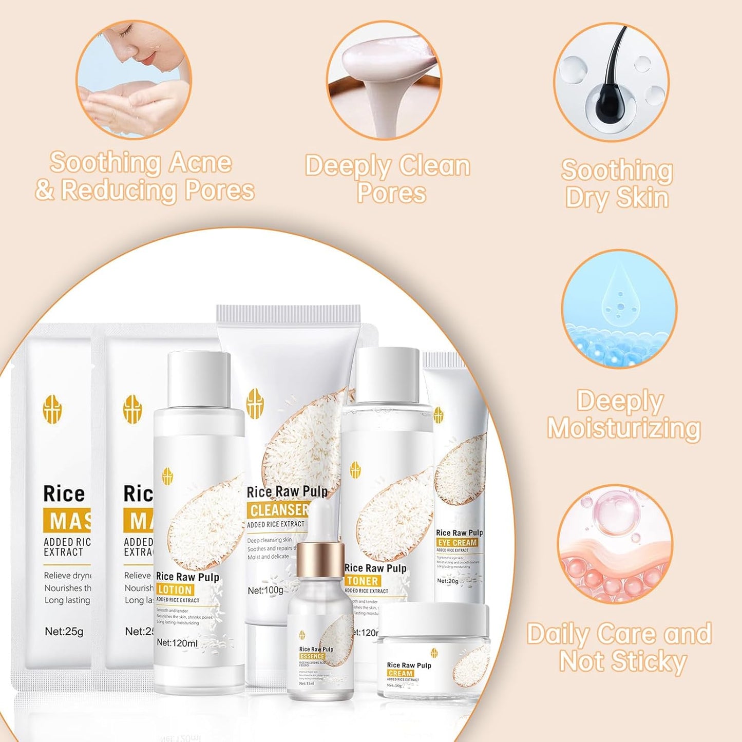 Rice Deep Nourishing Facial Care Set, 6Pcs Face Care Set for Women, Skin Care Set Includes Facial Cleanser, Toner, Lotion, Essence, Cream and Eye Cream.