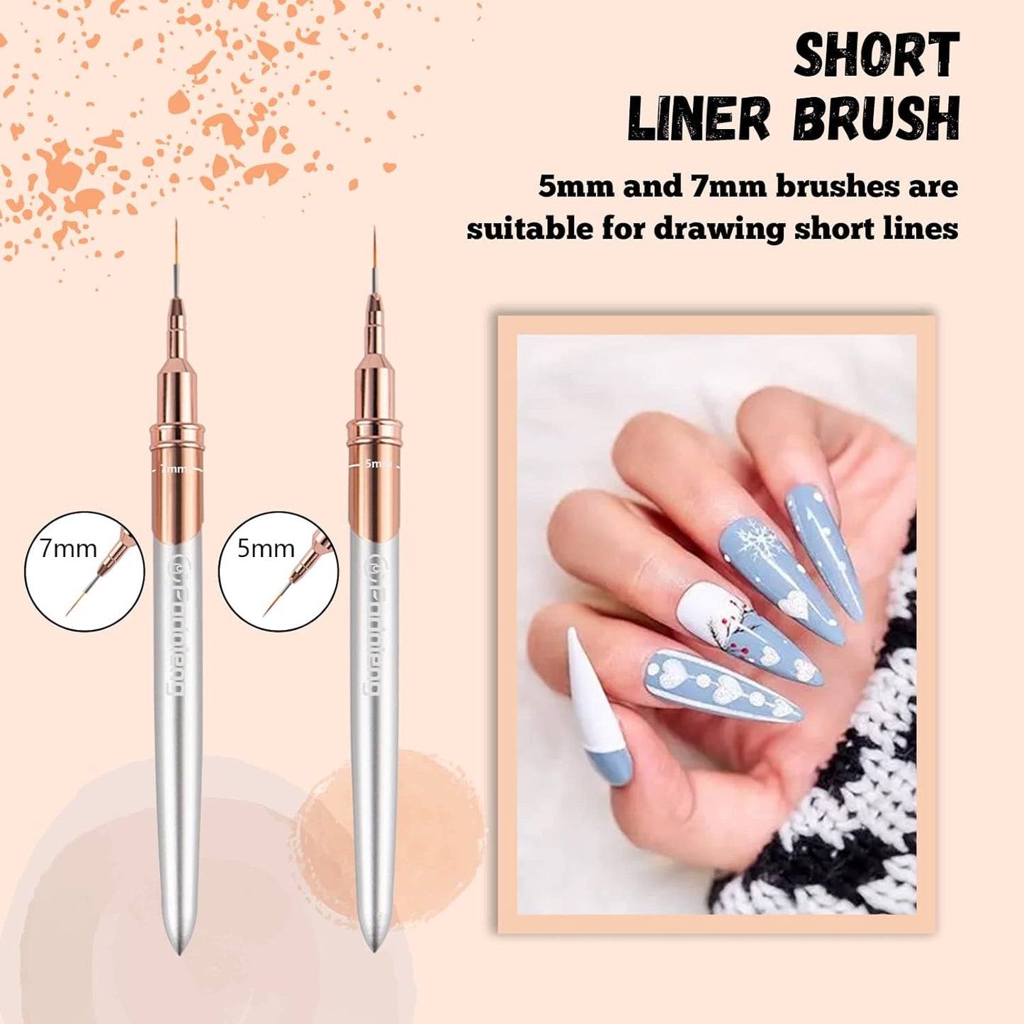 Liner Brush for Nails, 6Pcs Thin Nail Art Brushes Professional Nail Detail Brush for Gel Polish Sizes 5/7/9/11/15/25mm (Silver and Golden)