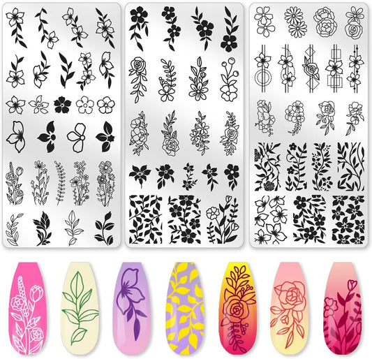 3Pcs Flower Vine Nail Stamping Plate Set Floral Leaves Rose Daisy Nail Stamp Templates Metal Reusable Tools with Stamper Scraper for Manicure Printing