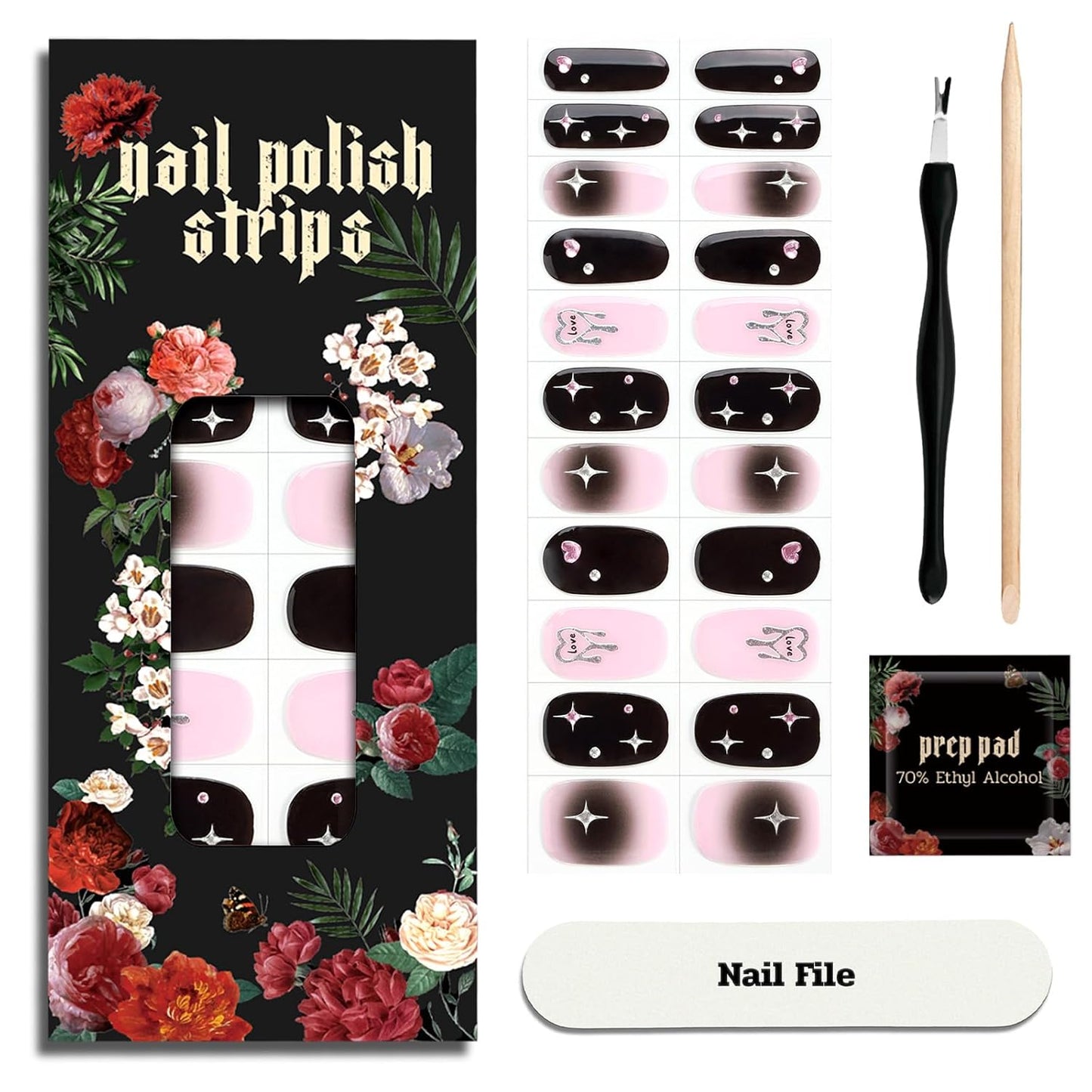 Nail Polish Strips - 22 Pcs Salon Quality Gel Nail Stickers - Long Lasting Wraps (Starlit Blooming Black&Pink)