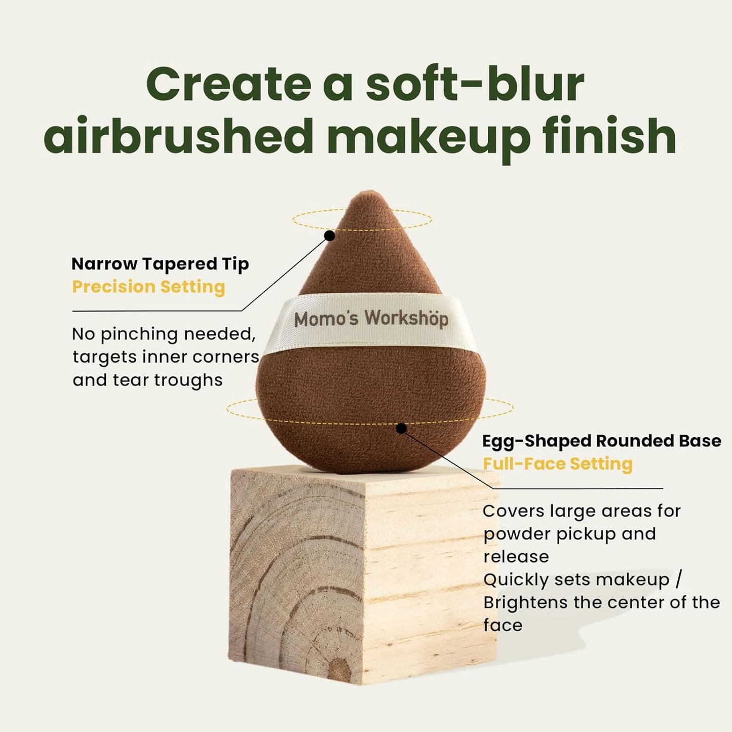 Momo's Workshop Pointed Powder Puff Large Size - Narrow Tip for Precision, Egg-Shaped Base for Even Application, Double-Sided Short Fluff, Works with Powder/Blush/Highlighter,Storage case,3PCS Puffs