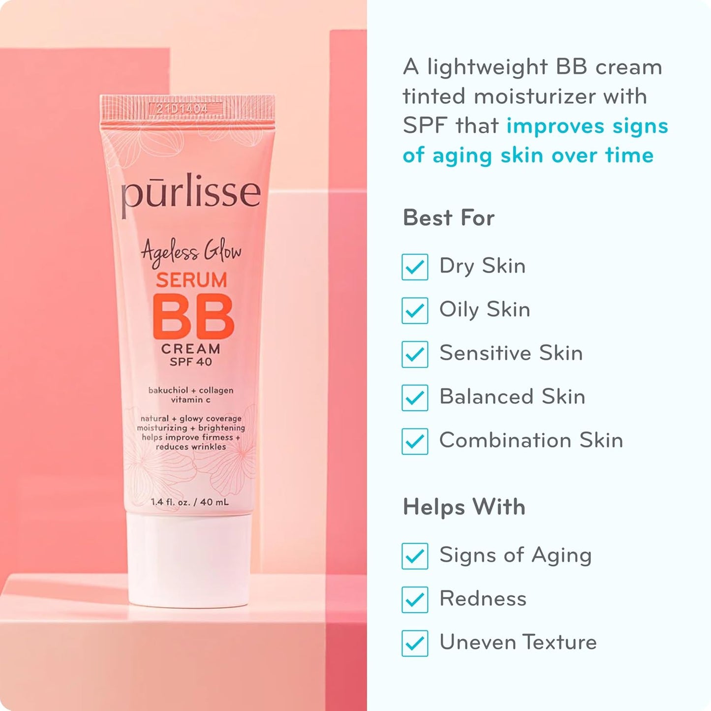 pūrlisse Ageless Glow Serum BB Cream SPF 40 - Glow BB Cream with SPF Enriched with Bakuchiol & Vitamin C to Help Improve Firmness & Reduce Wrinkles for Dewy Skin - Fair (1.4 oz)