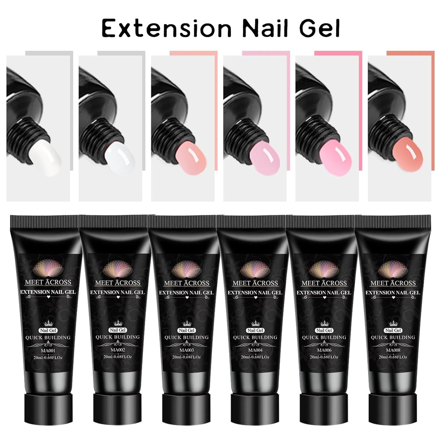 MEET ACROSS Poly Nail Gel Set - 6 Neutral Colors for Extension Nails, Long Lasting, Natural-looking, Strong Builder Enhancement for Salon Manicure DIY at Home 20ML Clear White Nude Pink