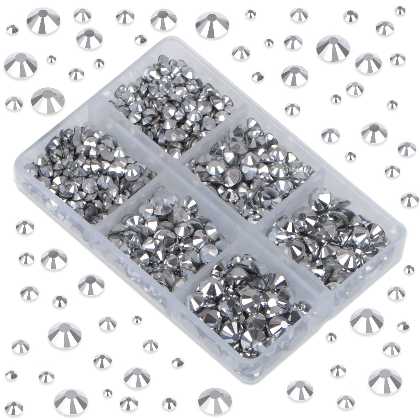 LPBeads 6000 Pieces Metallic Silver Non Hotfix Rhinestones 6 Sizes Round Crystal Glass Flat Back Rhinestones with Tweezers and Picking Pen for Nail Art Crafts Clothes Bags DIY