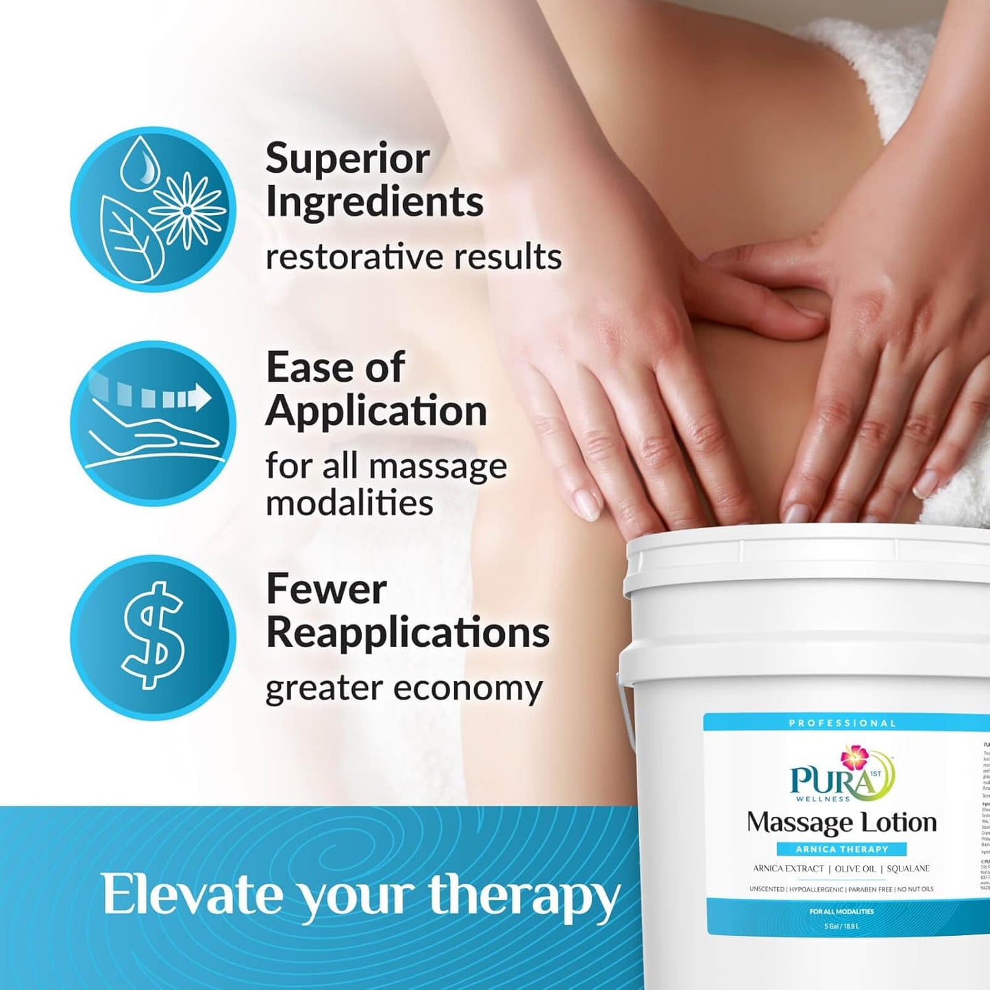 Wellness Professional Arnica Therapy 5 Gallon Massage Lotion, Lotion for Bruising, Olive Oil, Arnica Extract, Unscented, Hypoallergenic, Natural, Skin Moisturizing and Hydrating, Deep Tissue