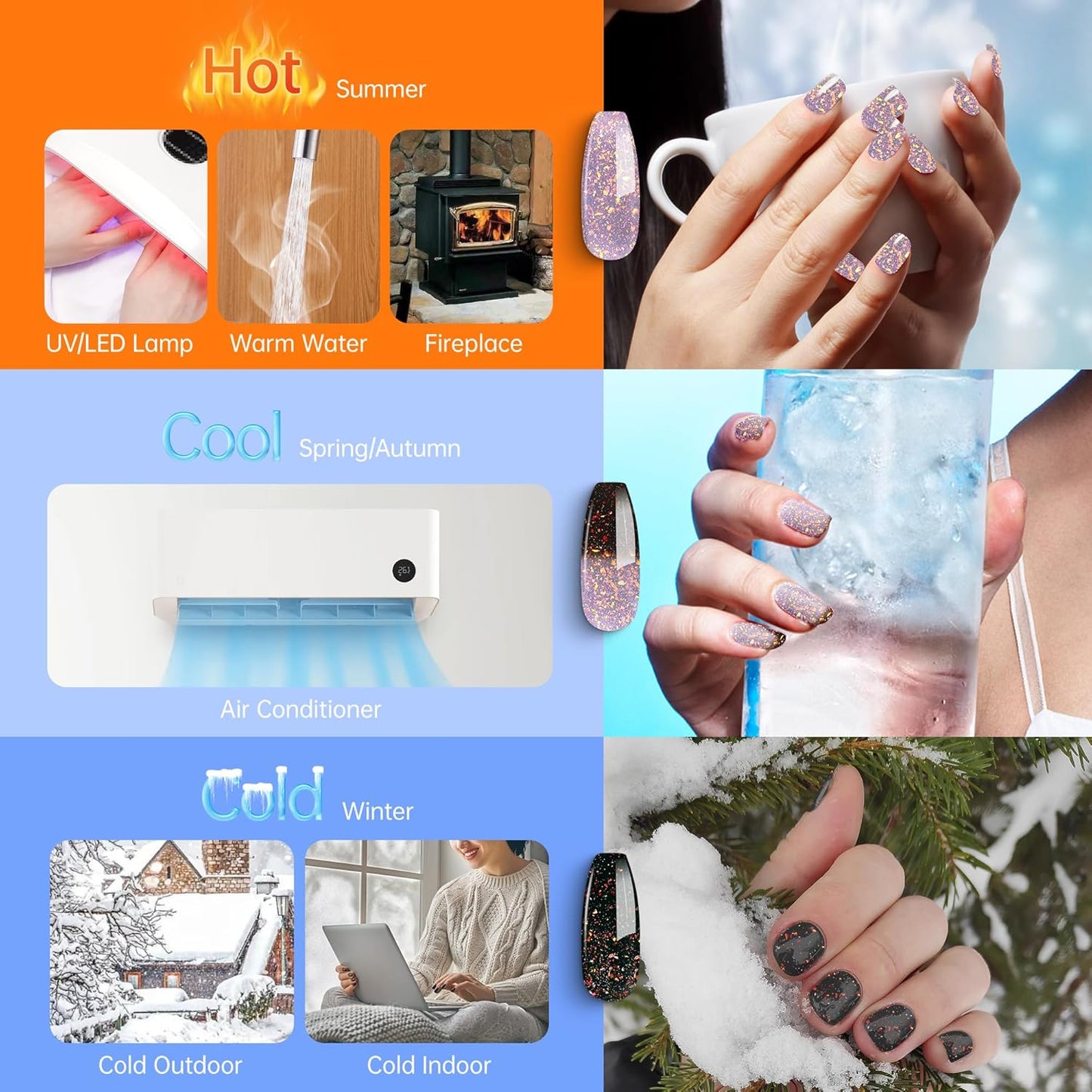 YTD Likomey Brocade Glitter Color Changing Gel Nail Polish,15ml Grayish Purple To Black Shimmer Mood Temperature Change Colors Iridescent Flakes,Fall Winter Ombre Thermal UV Gel,WB348