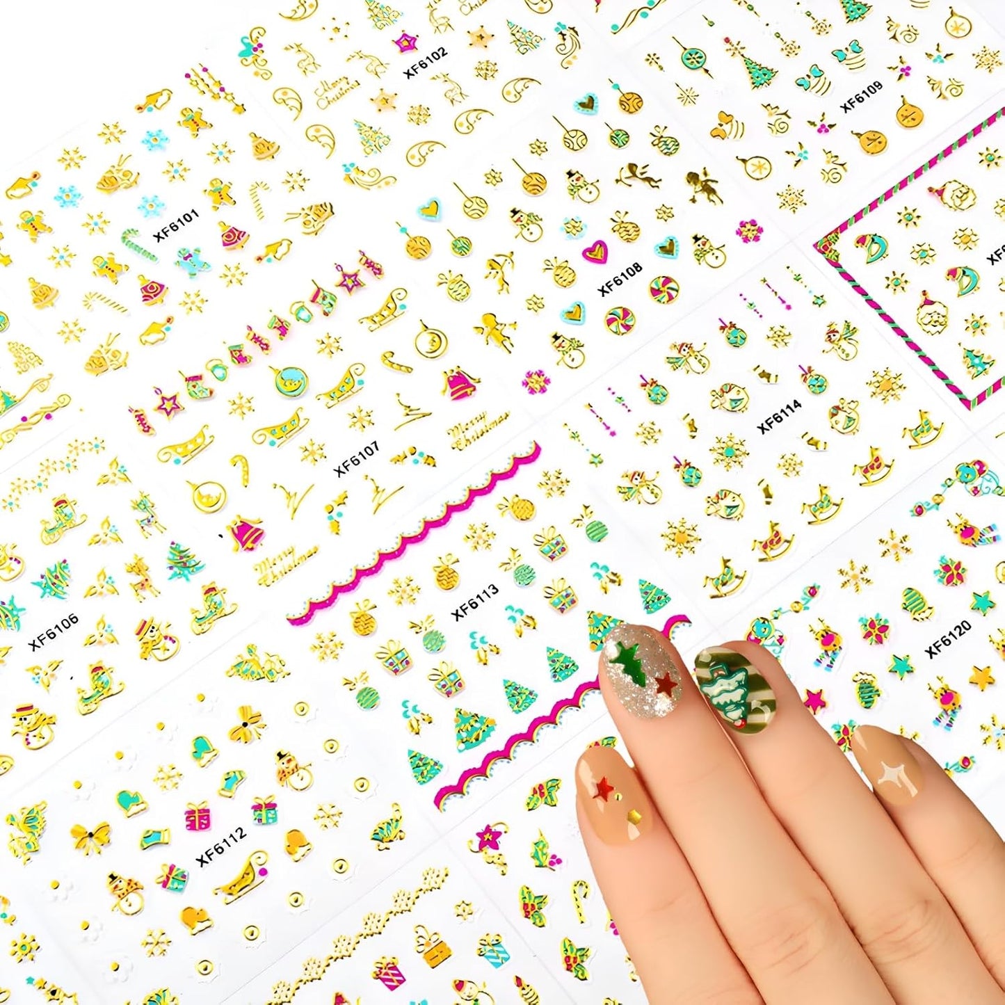 24 Sheets Christmas Nail Art Stickers Gold Snowflake Nail Decals 3D Self- Adhesive Pegatinas Uñas Snowman Elk Christmas Trees Nails Nail Supplies Nail Art Design Decoration Accessories for Women and G