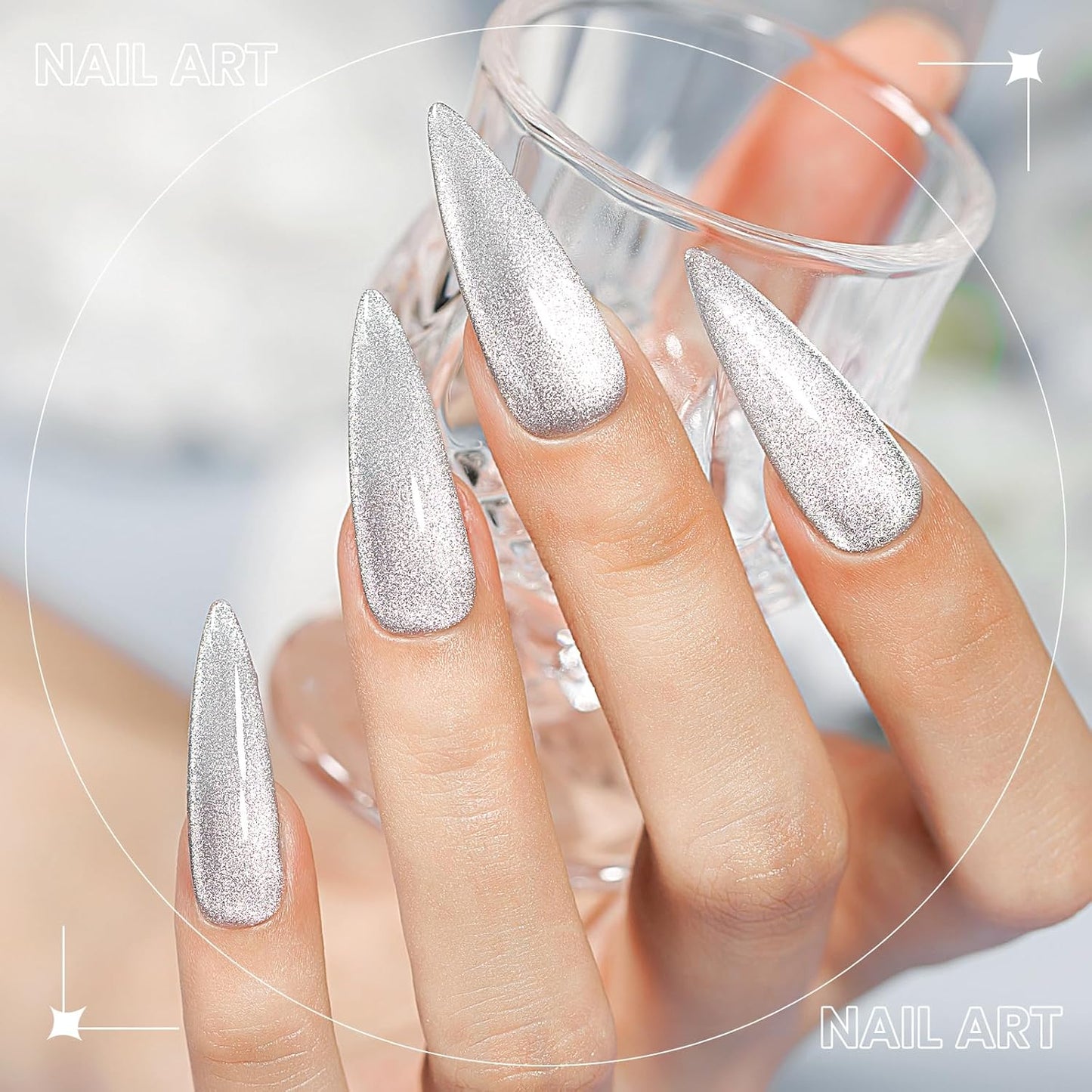 Silver Cat Eye Gel Polish, Magnetic Holographic Gel Nail Polish Glitter Shimmer Gel Polish with Magnet Soak Off U V Gel Salon DIY at Home, 0.5 OZ