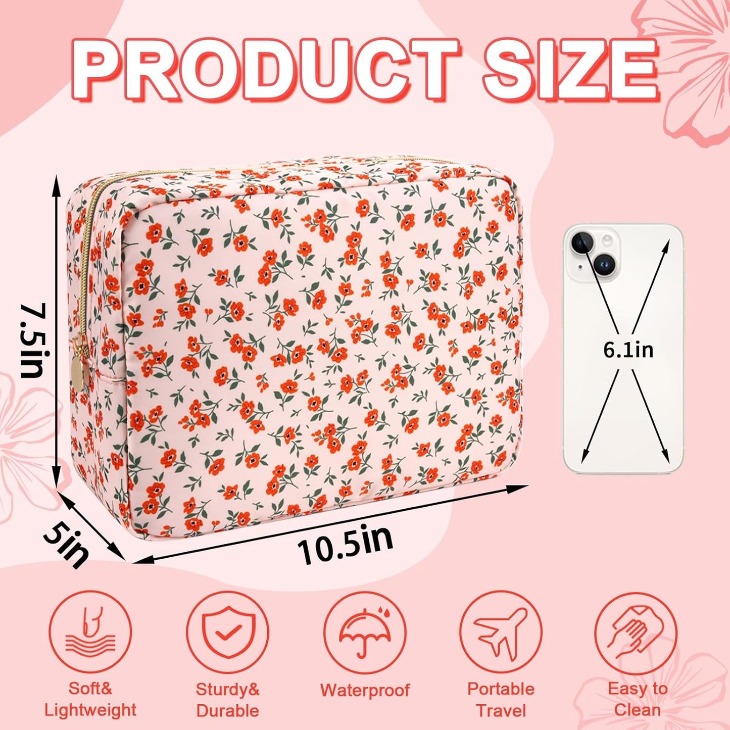Waterproof Large Floral Makeup Pouch,Nylon Travel Toiletry Storage Purse Preppy Cosmetic Bag for Women Girl,Large Capacity Makeup Organizer Zipper Pouch for Work(L Pink-Flowers)