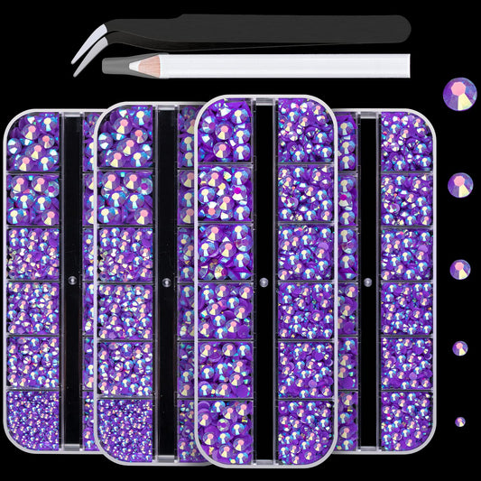 7000PCS Resin Rhinestones with Tweezers for Crafting, 2/3/4/5/6mm Flatback Jelly Rhinestones, 4 Box Dark Purple AB Non Hotfix Crystal Gems for DIY Crafts Mugs Tumblers Clothes Makeup Nail