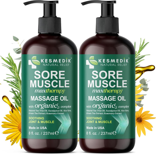 Sore Muscle Massage Oil for Massage Therapy with Arnica, Eucalyptus & Tea Tree Oil Blend for Deep Muscle Relief, Recovery, Softens Skin & Anti-Cellulite Massage for Professional & Home Use, 2-Pack