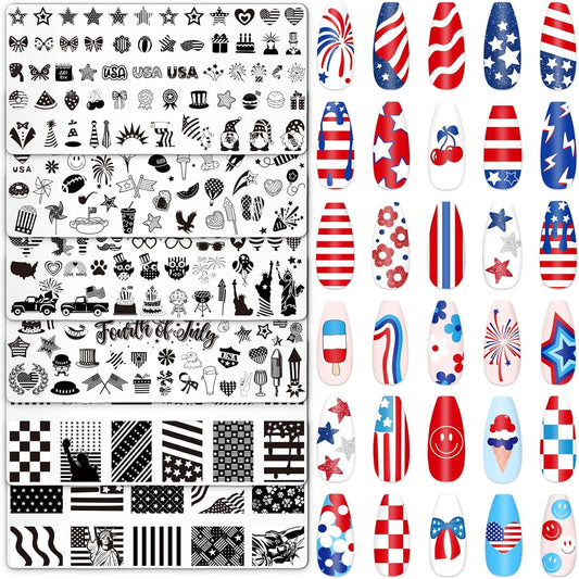Whaline 6Pcs Patriotic Nail Plates Stamping Set USA Flag Star Stamp Templates 4th of July Nail Art Plates for Independence Day DIY Print Manicure Salon Design