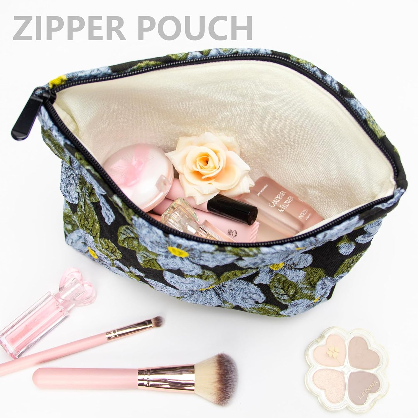 PAZIMIIK Makeup Bag Large Cotton Zipper Pouch for Purse Travel Canvas Make Up Organizer for Women Cosmetic,Brocade Flower Black