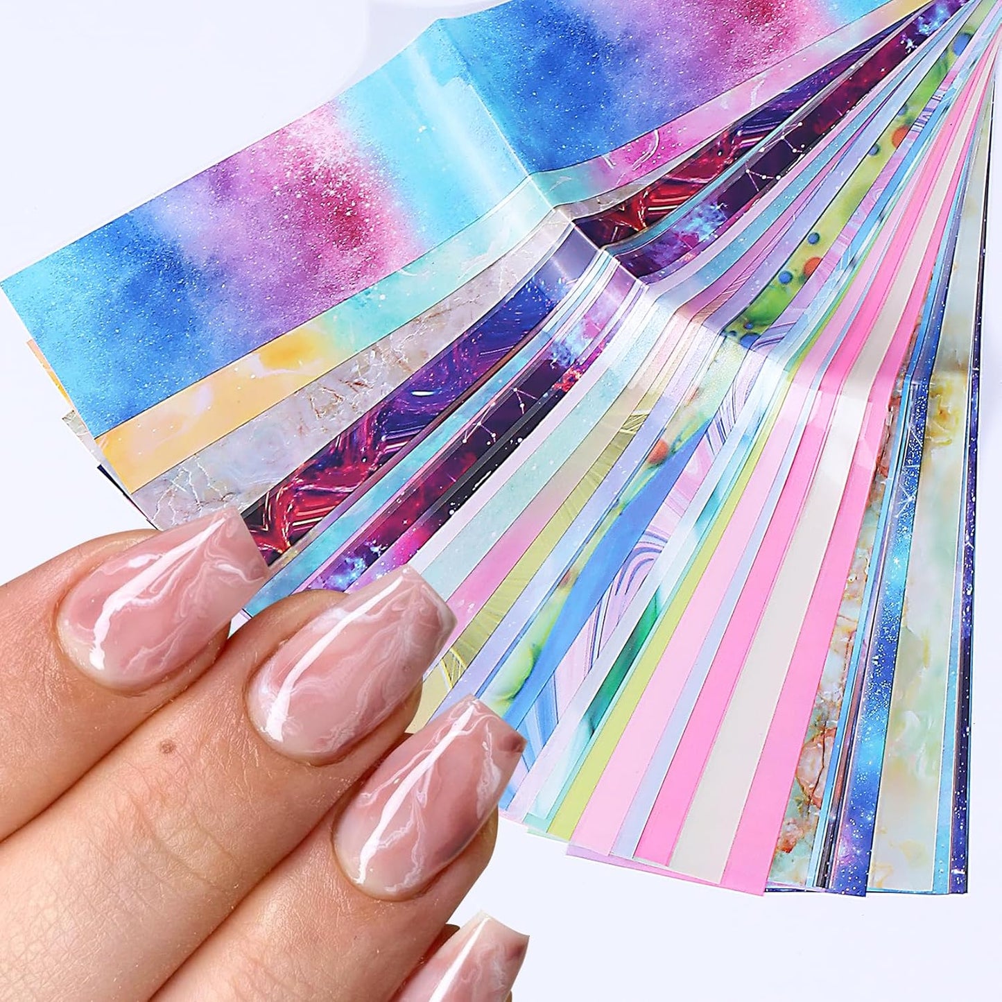 Nail Foils Transfer Nail Art 50PCS Holographic Starry Sky Stickers Marble Decals Nail Supplies Colorful Gradient Pink Blue Nail Art Foil Transfer Sheets Paper for Women DIY Designs Manicure Accessory