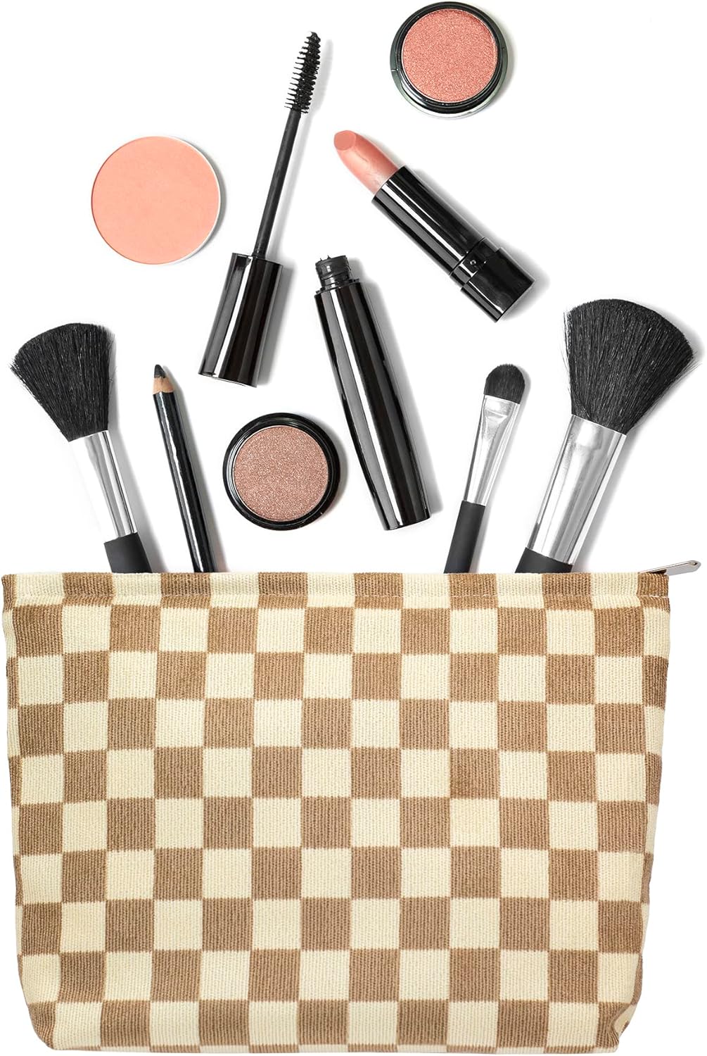 PAZIMIIK Makeup Bag Large Zipper Corduroy Make Up Pouch for Purse Travel Canvas Cosmetic Organizer for Women Brush Storage,Checkered Light Brown