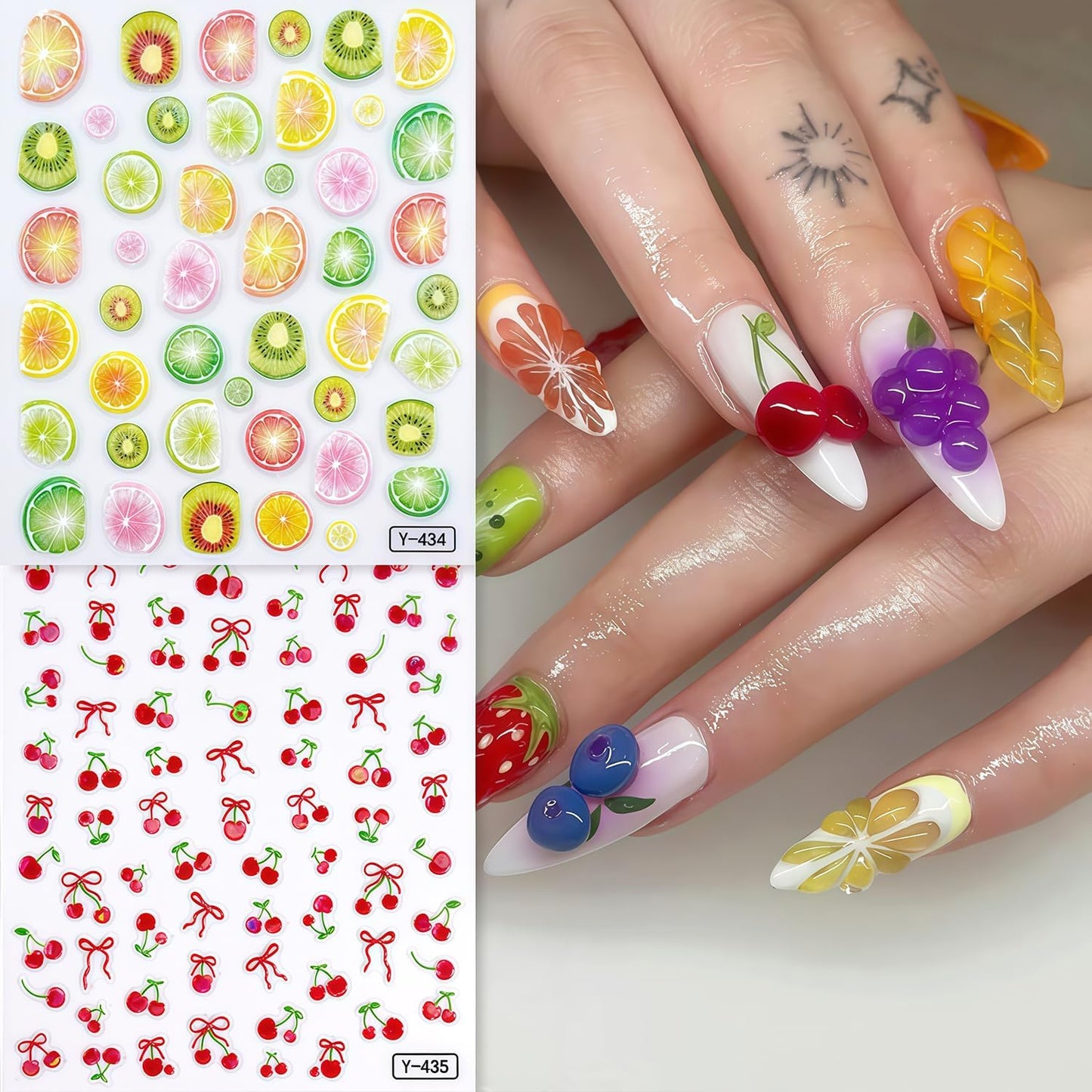 Summer Nail Art Stickers Fruits Nail Sticker 3D Self-Adhesive Shiny Lemon and Cherry Design Nail Decals DIY Salon Acrylic Nail Art Decoration Accessories for Women Vacation Nails