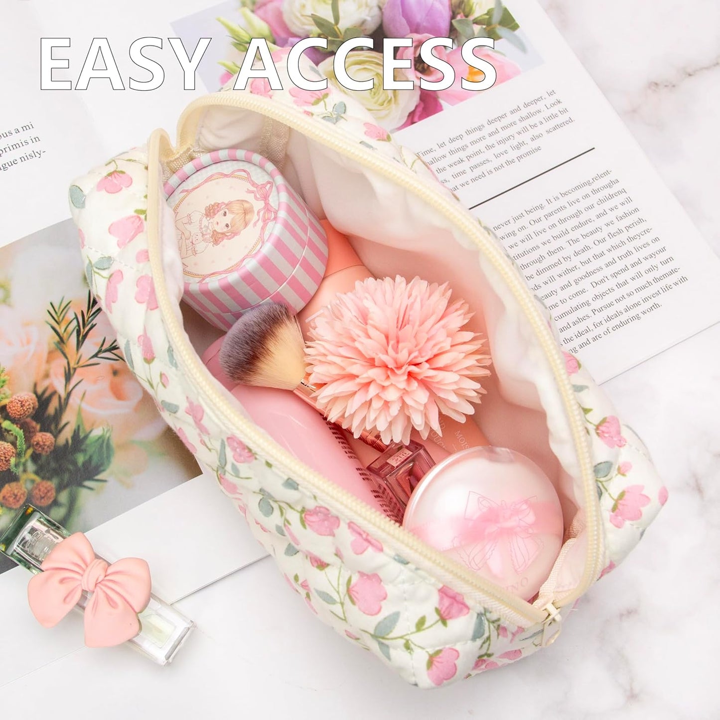 PAZIMIIK Vintage Quilted Makeup Bag Cosmetic Pouch for Brushes Pencils and Travel Make Up Accessories for Women and Girls Flower White