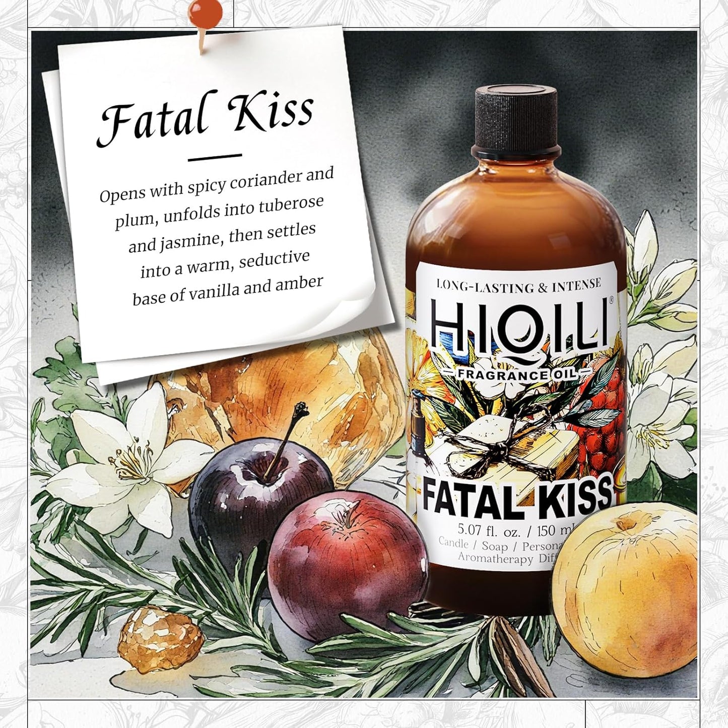 HIQILI Fatal Kiss Fragrance Oil, Tuberose & Plum Scents, for DIY Soap, Candle & Scented Sachets Making, Add to Shampoo & Laundry Detergent - 5.07 Fl Oz