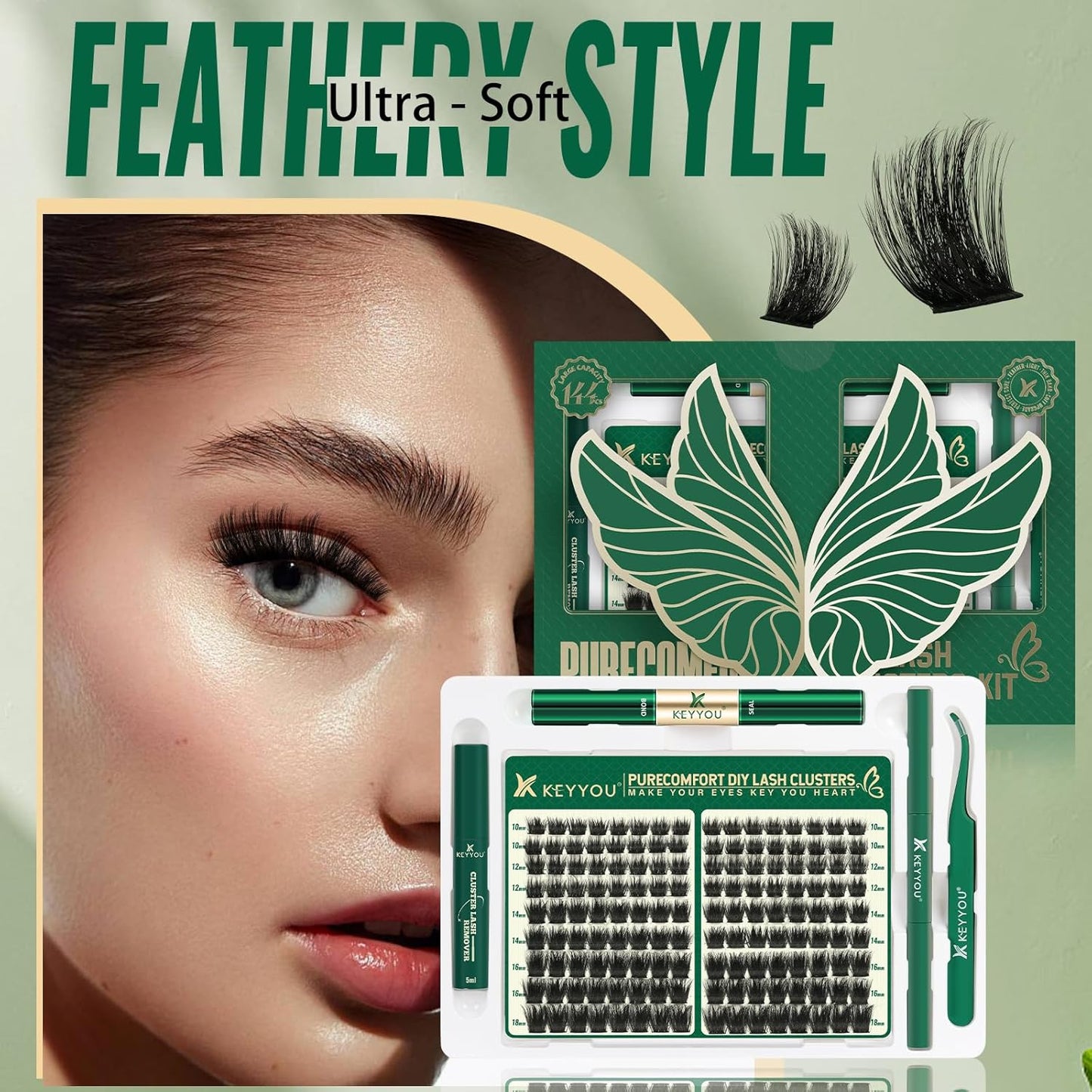 KEYYOU Lash Extension Kit 144pcs Thick Super Soft Lash Clusters with Lash Bond and Seal Lash Glue Remover Lash Applicator and Lash Brush Easy to DIY at Home（PC02-D-10-18MIX）