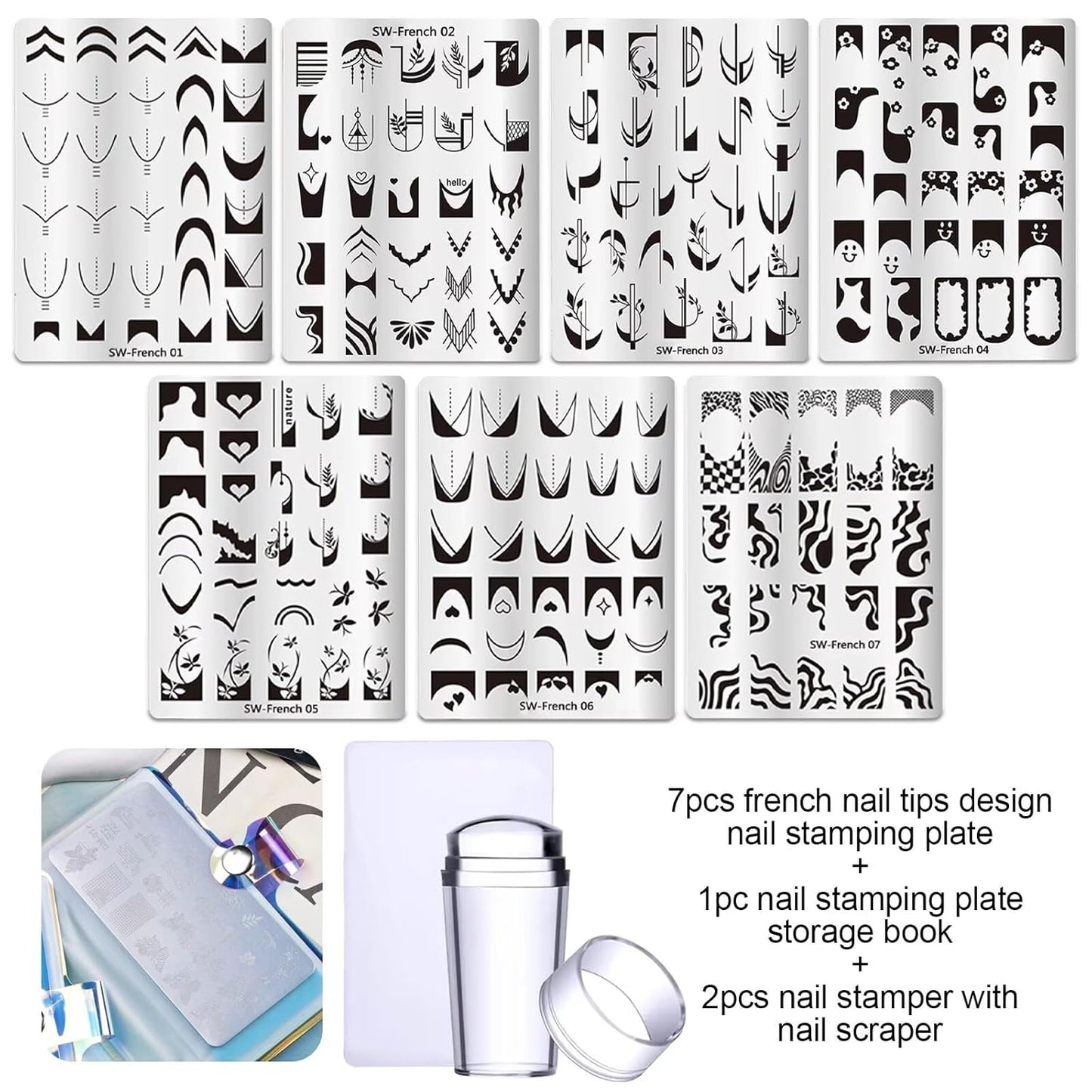 French Tip Nail Stamping Plate- 10 pcs Nail Stamper Kit Silicone Nail Stamper French Nail Stamp with Nail Art Stamps Storage Bag Nail Stamp Template Nail Supplies for Salon DIY