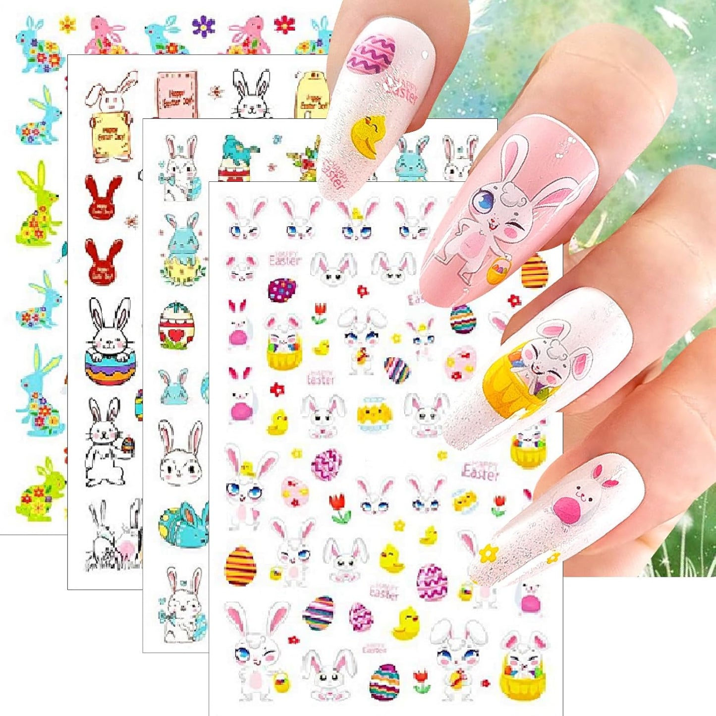 12 Sheets Easter Nail Art Stickers 3D Self-Adhesive Cute Bunny Nail Stickers Colorful Rabbit Eggs Carrot Design Carrot Nail Decals Easter Nail Supplies for Women Girls DIY Nail Art Decorations
