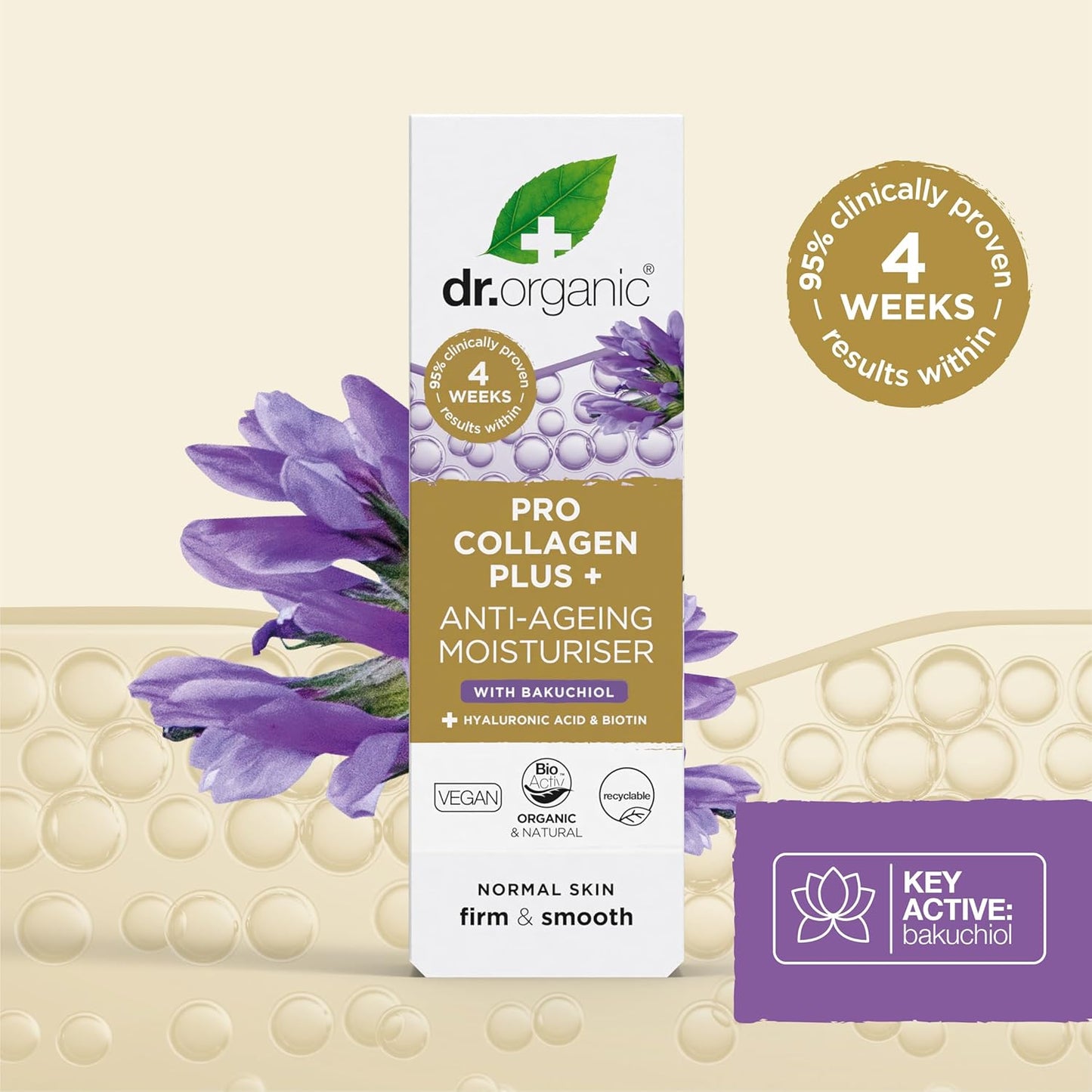 Dr. Organic Pro Collagen Plus + Anti-Ageing Moisturiser with Bakuchiol | Firm & Smooth Skin, Reduces Wrinkles, (Normal Skin) Natural, Certified Organic, Paraben & SLS-Free, 50 mL / 1.7 fl oz