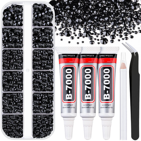 Resin Rhinestones for Crafting with B7000 Jewelry Glue, 1 Box Black Flatback Crystals with 3Pcs 10ml Glue for Bedazzling Crafts DIY Nail Art Makeup，Non Hotfix Gems for Clothing Shoes