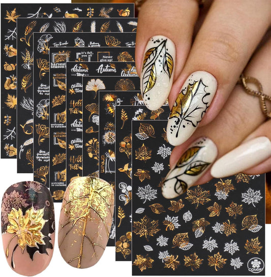 9 Sheets Bronzing Fall Nail Art Stickers 3D Self-Adhesive Metallic Maple Leaf Nail Stickers Thanksgiving Nail Art Supplies Laser White Gold Leaves Flower Nail Designs Autumn Sticker for Acrylic Nails