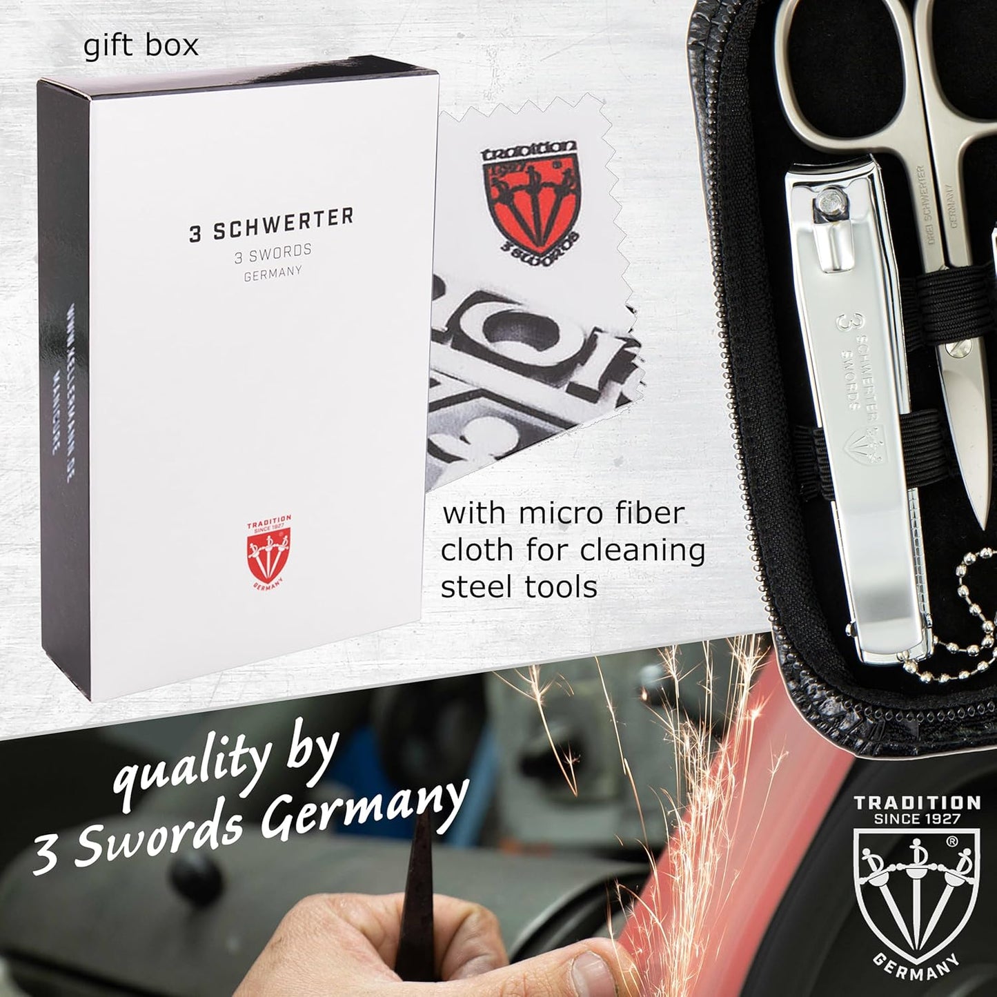 3 Swords Germany – brand quality 8 piece manicure pedicure grooming kit set for professional nail care with synthetic leather case black - Made in Germany