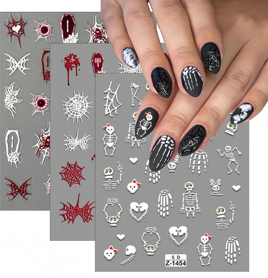 Halloween Nail Art Stickers Skull Ghost 5D Exquisite Embossed Self-Adhesive Nail Decals Scary White Skull Red White Spider Web Designs Nail Decals for Women Girls DIY Nail Decoration 3Sheets
