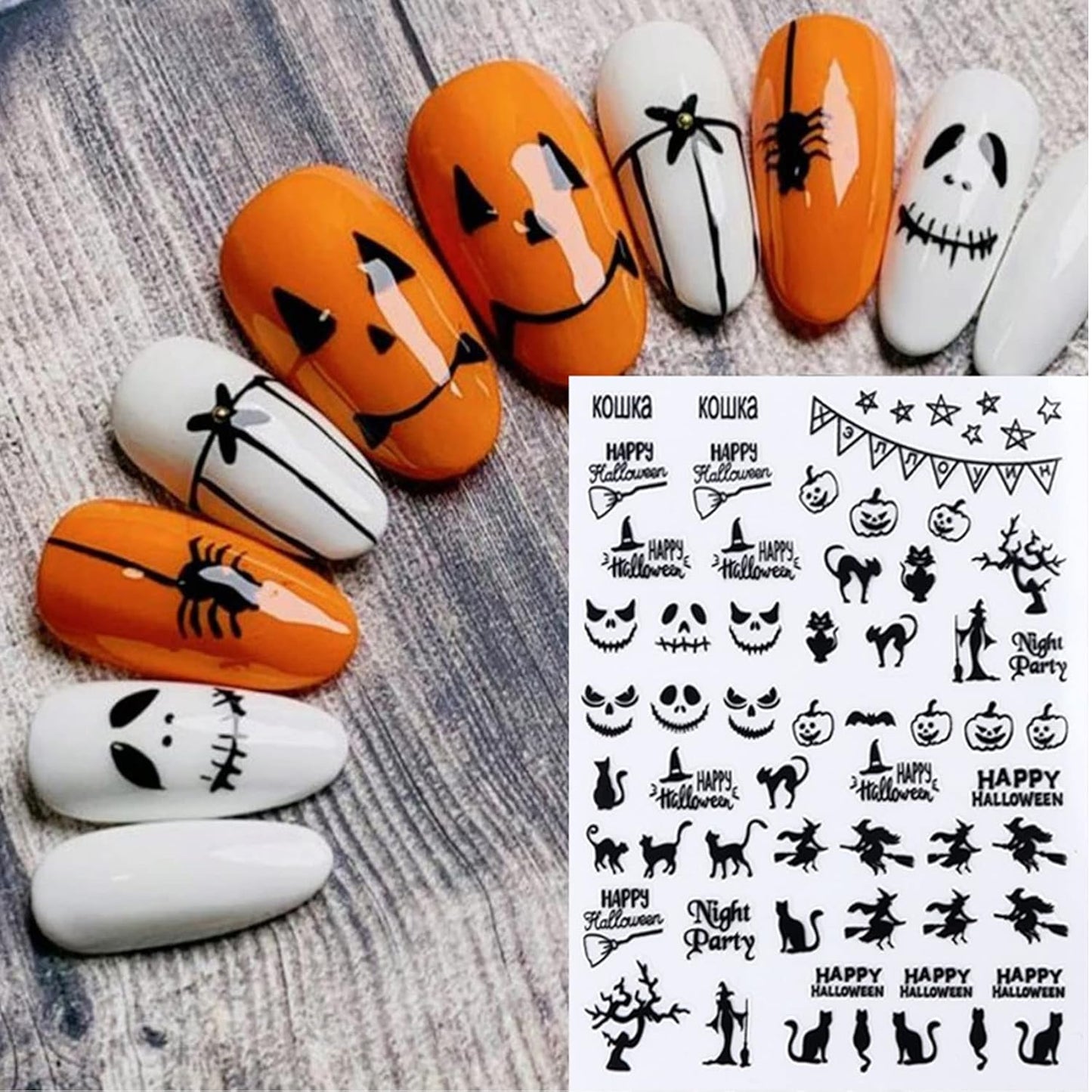 TailaiMei 9 Sheets Halloween Nail Stickers, Self-Adhesive Black Nail Art Decals for DIY Horror Nail Decorations (Black Style)