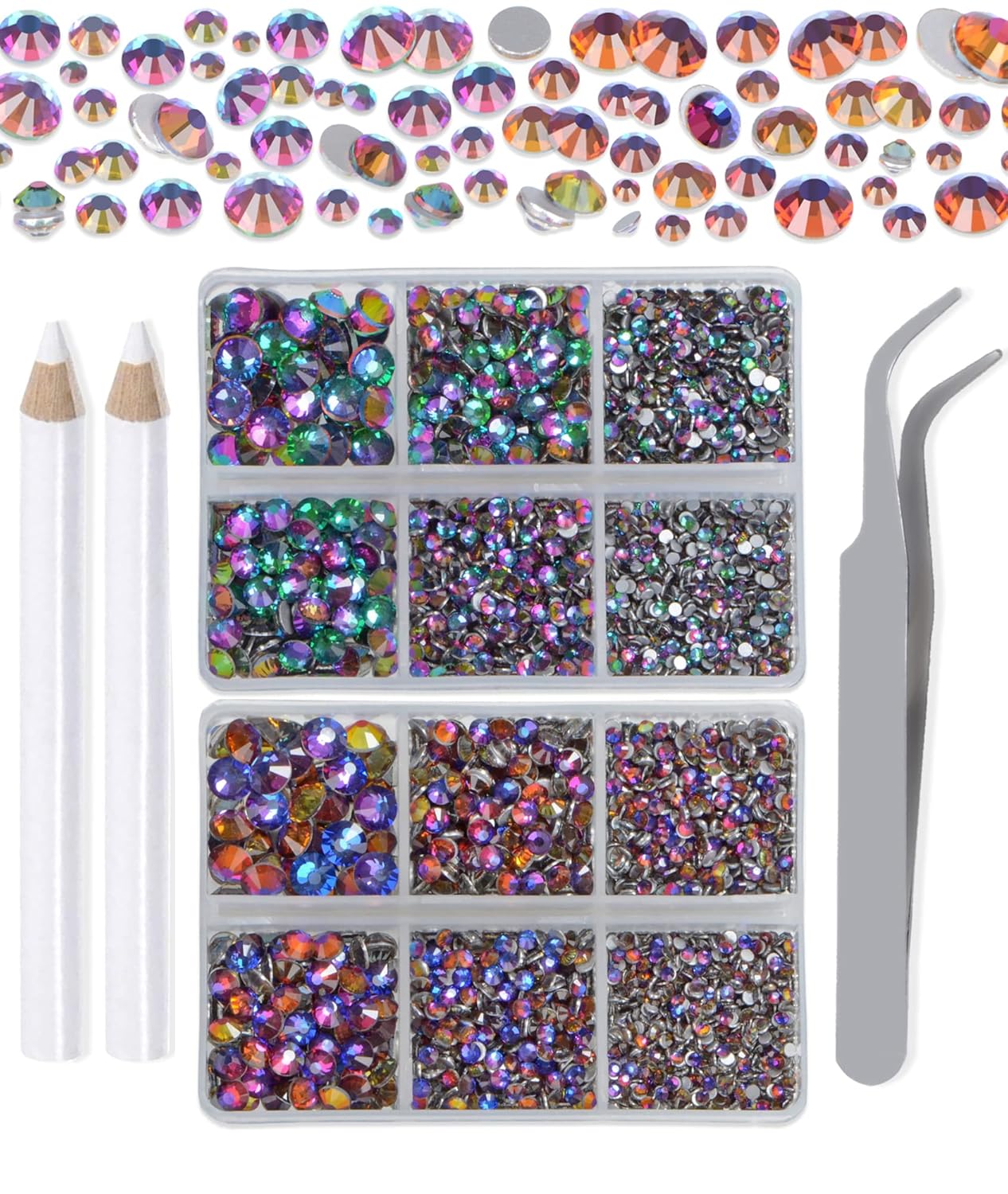 LPBeads 6000 Pieces Blue Volcano and Green Volcano Non Hotfix Rhinestones 6 Sizes Round Crystal Glass Flat Back Rhinestones with Tweezers and Picking Pen for Nail Art Crafts Clothes Bags DIY
