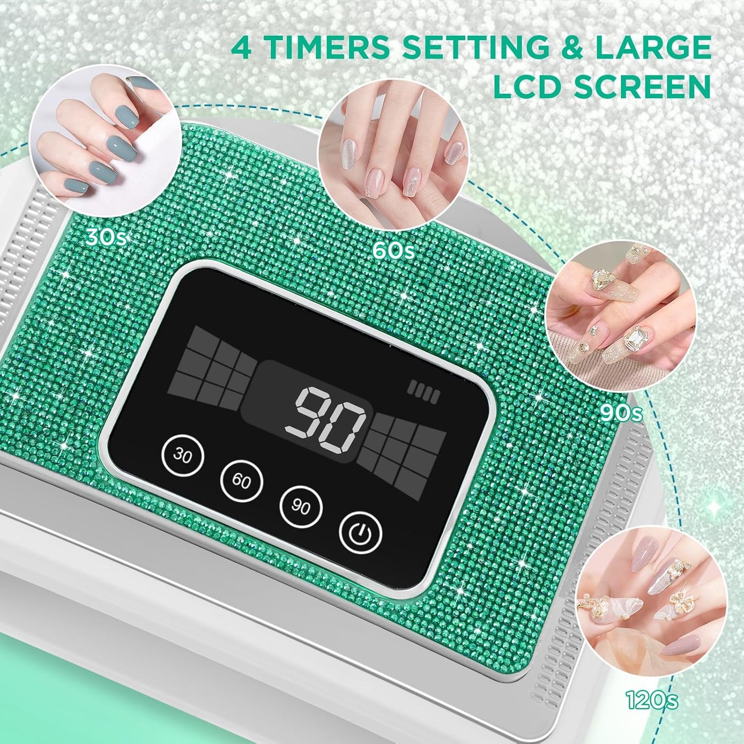 Cordless Nail Lamp, Rechargeable UV Nail Lamp for Gel Nails, LED Nail Lamp with 4 Timer Modes, Gel Nail Light Decorate with Sparkling Nail Rhinestones Diamond (Sparkly Green Diamond)