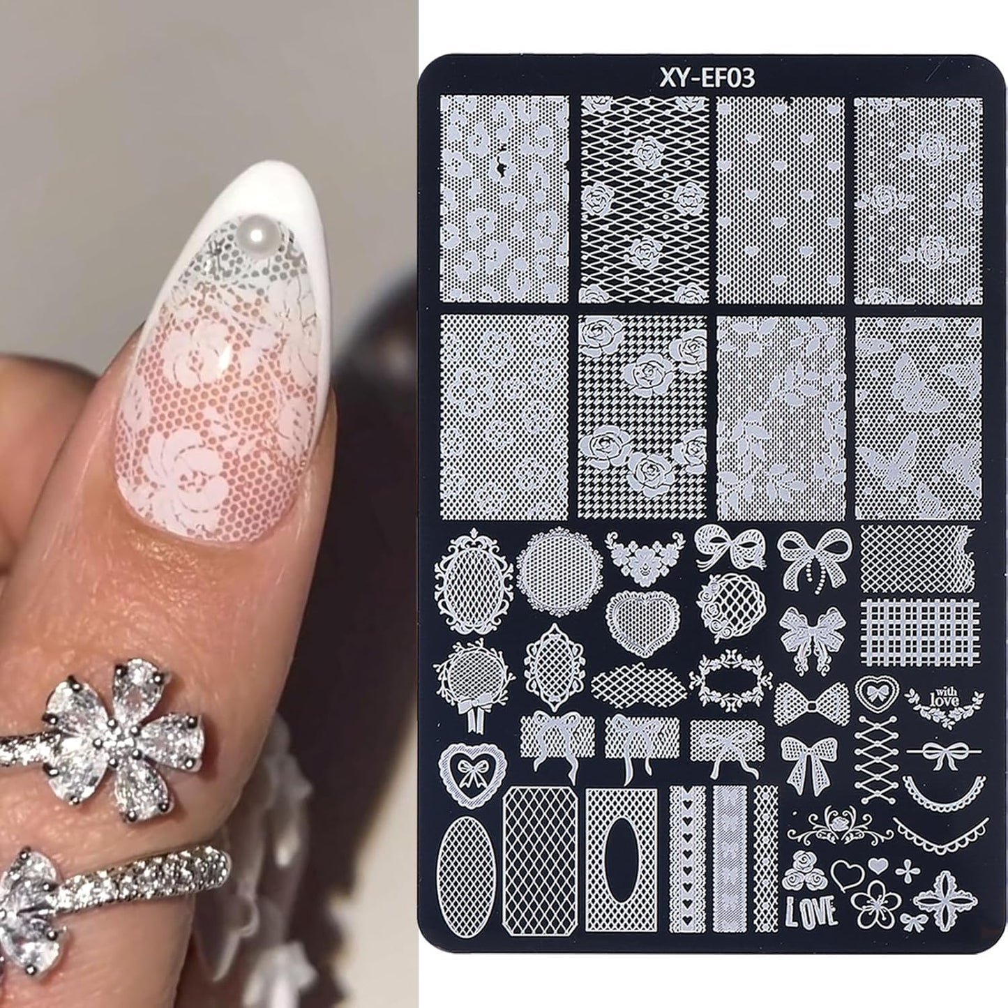 6pcs Lace Flower Design Nail Stamping Plate Kit With French Tip Nail Stamper Kit Ribbon Bow Knot Nail Stencil Reusable Stainless Steel Manicure Tool Nail Supplies for Salon DIY