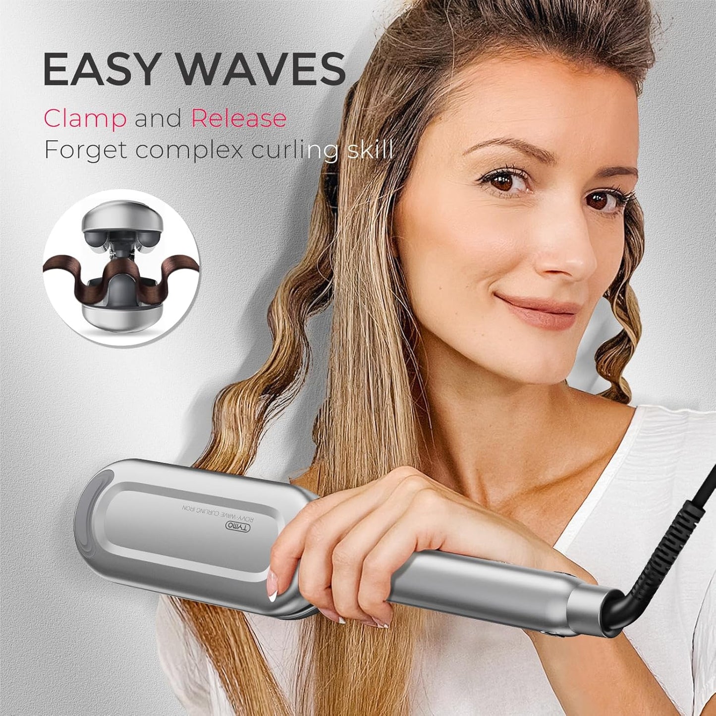 Curling Iron Hair Crimper Waver - TYMO ROVY Beach Waves Curling Wand, Ionic Deep Waver Hair Curler Tool with Ceramic 3 Barrel for Women, Dual Voltage, Anti-Scald, Easy to Use, Grey, 1.25 Inch