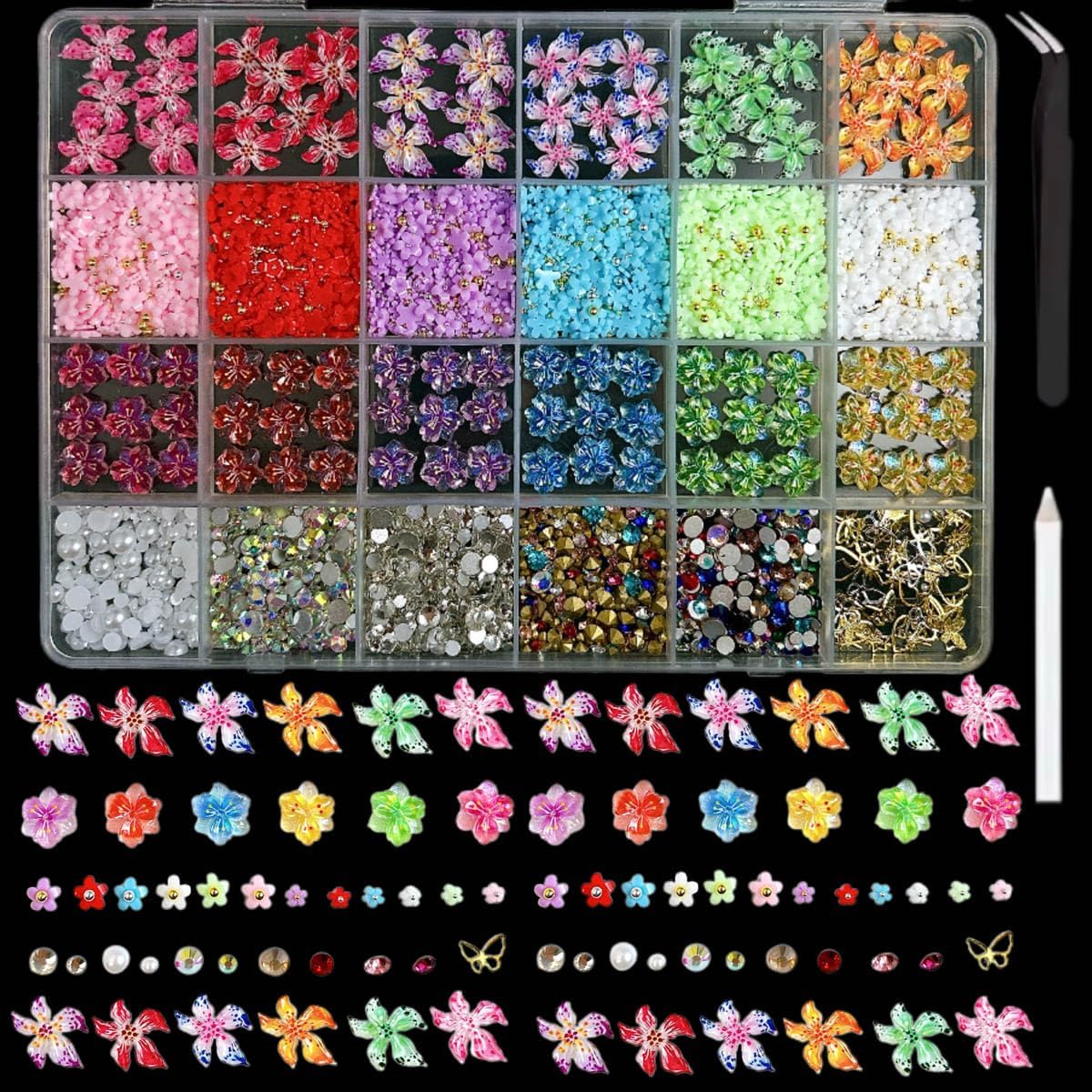 Flower 3D Nail Charms and Gems, Cute Hawaii Flowers Nail Art Charms, Gold Butterfly Nail Rhinestone and Charms,White Flatback Pearls Nail Charms Y2K Kit