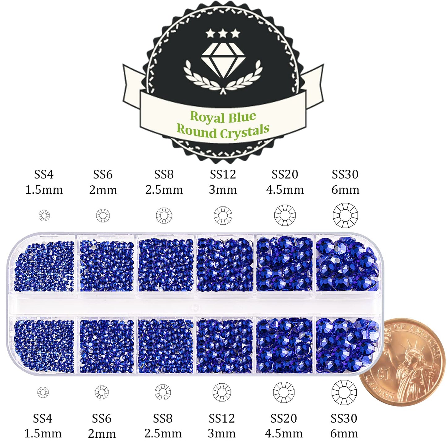 One Pack 2000 Pcs of Flatback Round Royal Blue Rhinestones 6 Sizes (1.5-6 mm) with Nail Art Rhinestone Picker Pencil and Tweezer for DIY and Salon Use
